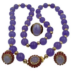 Lavender Jade Ruby 64 Diamond Necklace Earrings 17 Carat Jade Ring Suite Parure