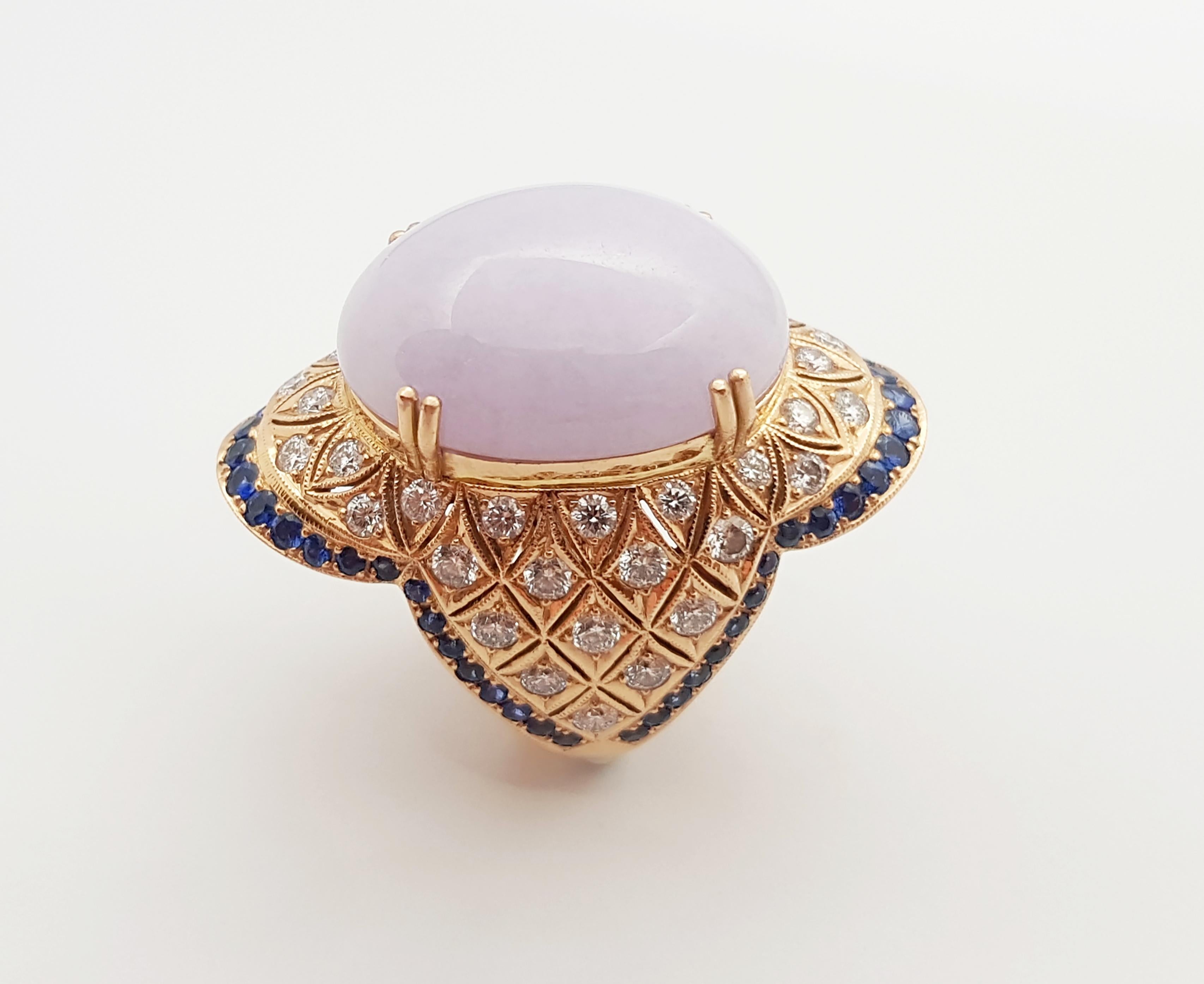 Lavender Jade with Diamond and Blue Sapphire Ring Set 18 Karat Rose Gold Setting For Sale 3