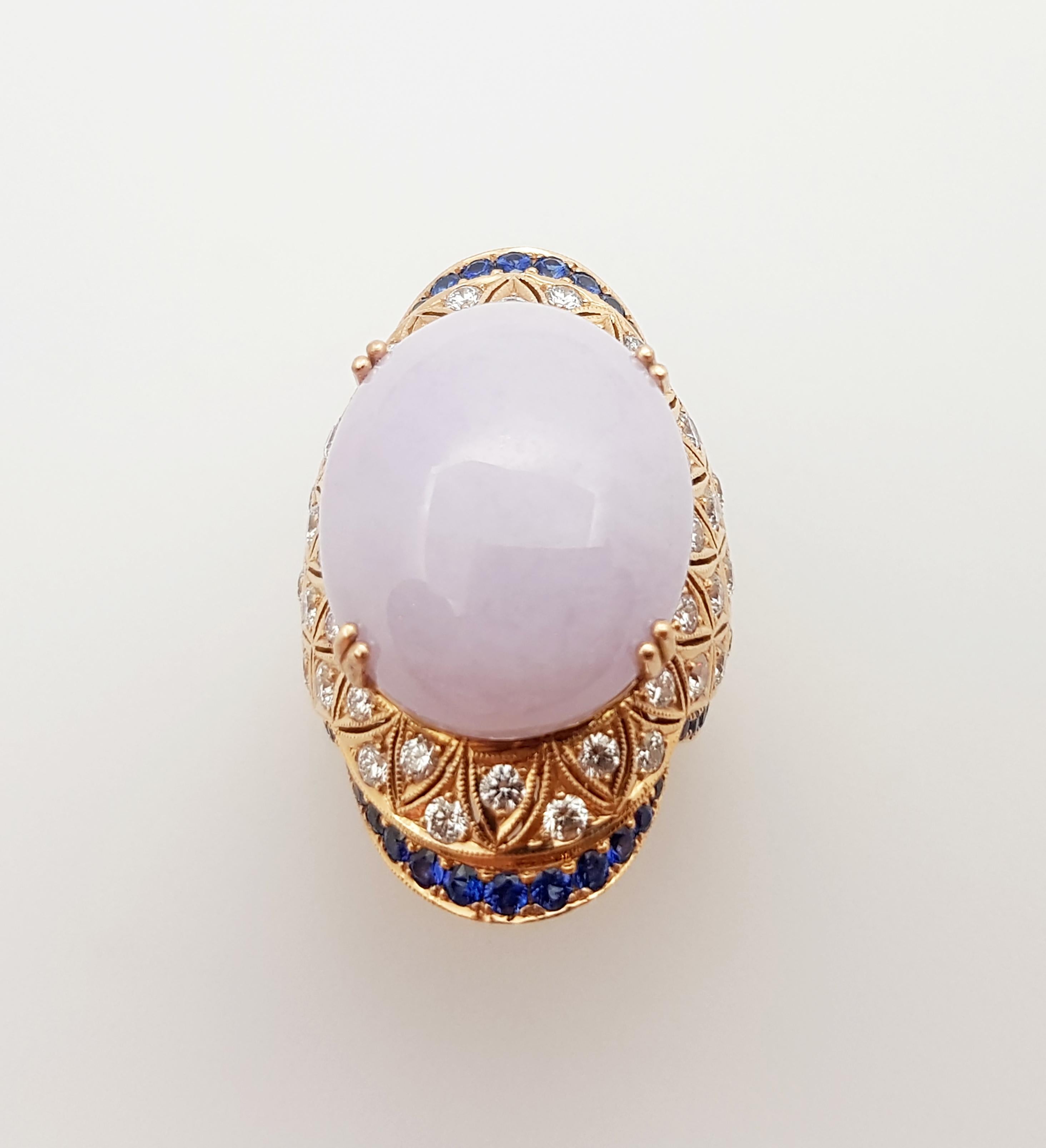 Lavender Jade with Diamond and Blue Sapphire Ring Set 18 Karat Rose Gold Setting For Sale 4