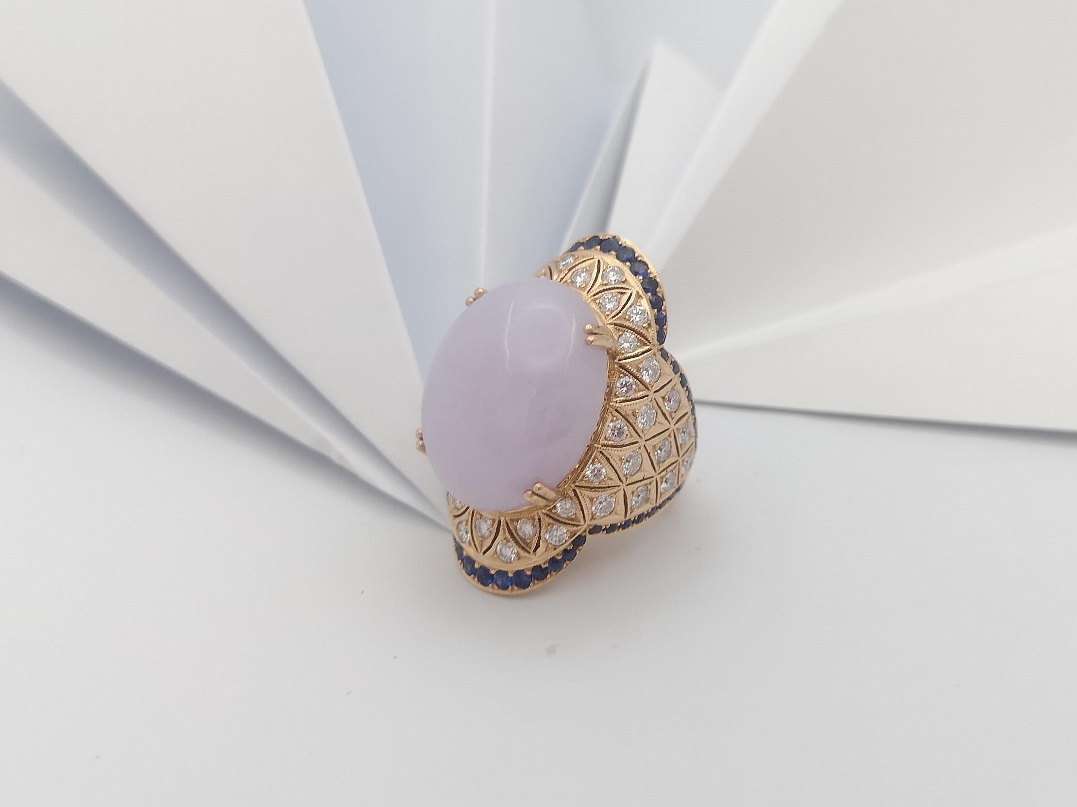 Lavender Jade with Diamond and Blue Sapphire Ring Set 18 Karat Rose Gold Setting For Sale 5