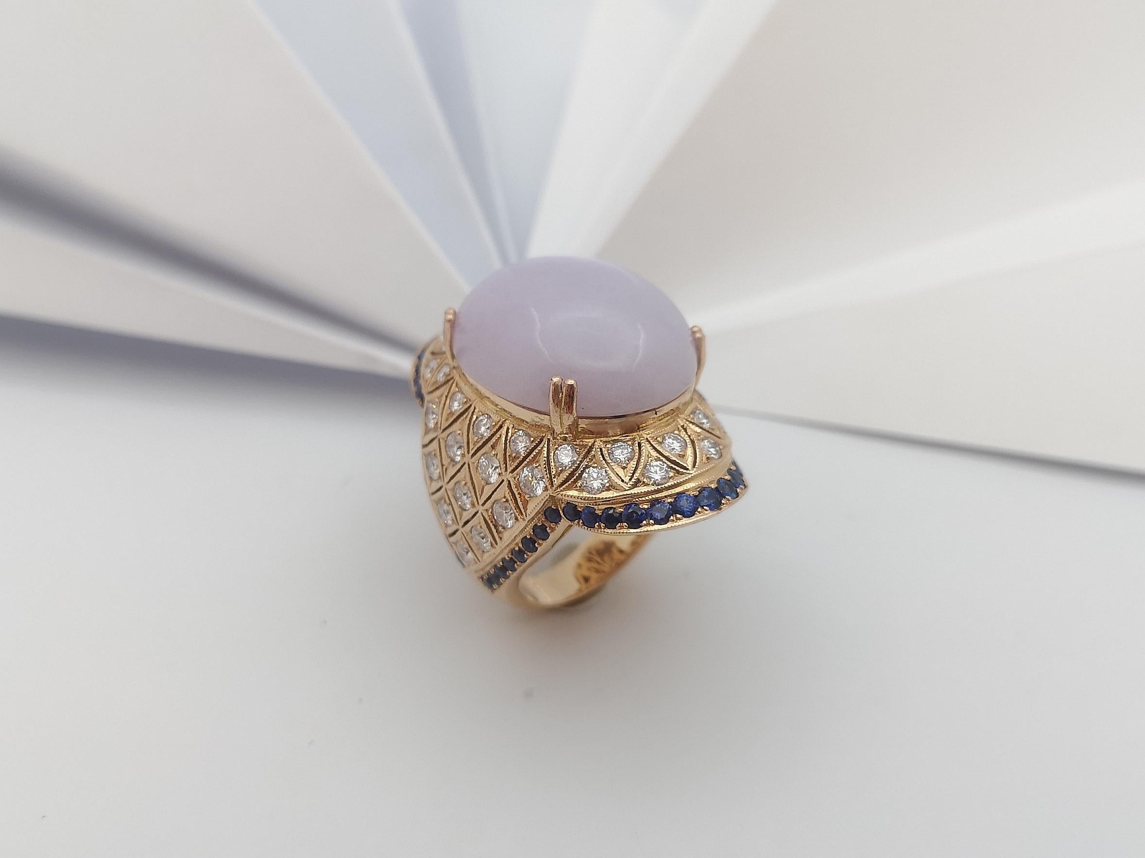 Lavender Jade with Diamond and Blue Sapphire Ring Set 18 Karat Rose Gold Setting For Sale 11