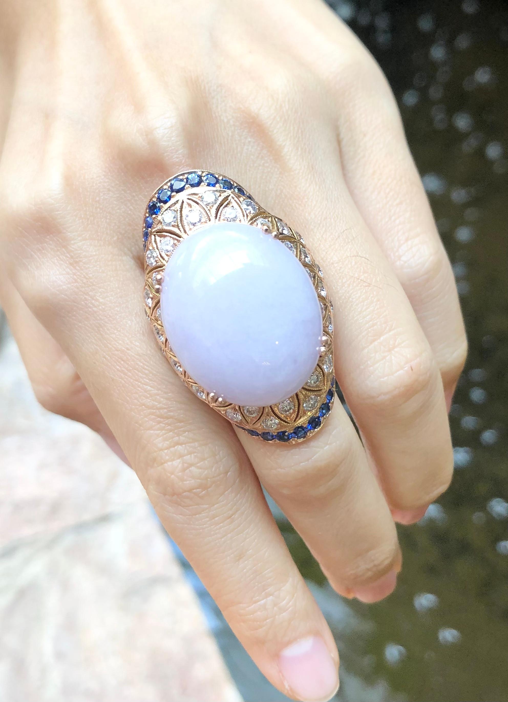Art Deco Lavender Jade with Diamond and Blue Sapphire Ring Set 18 Karat Rose Gold Setting For Sale
