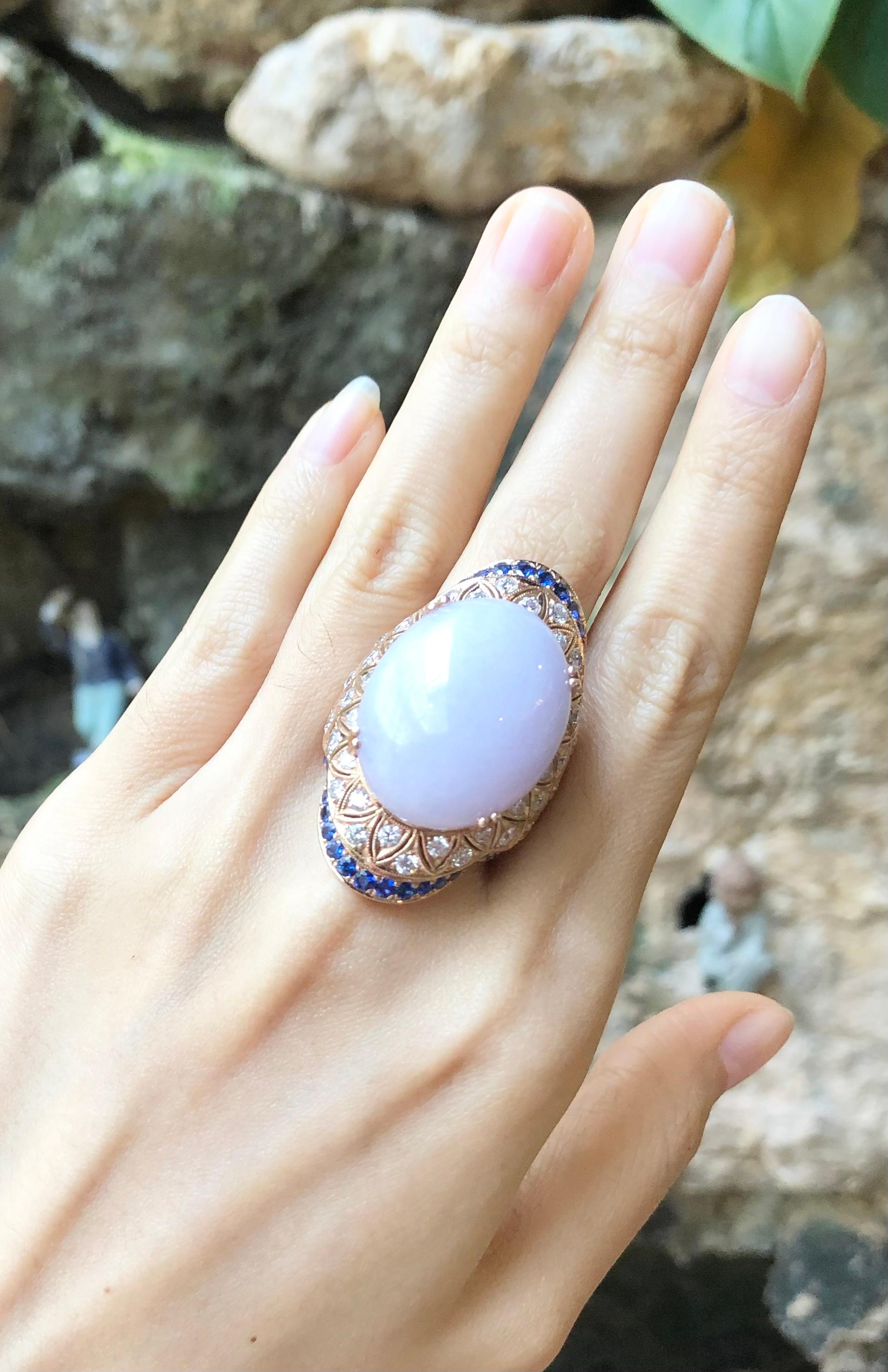 Mixed Cut Lavender Jade with Diamond and Blue Sapphire Ring Set 18 Karat Rose Gold Setting For Sale
