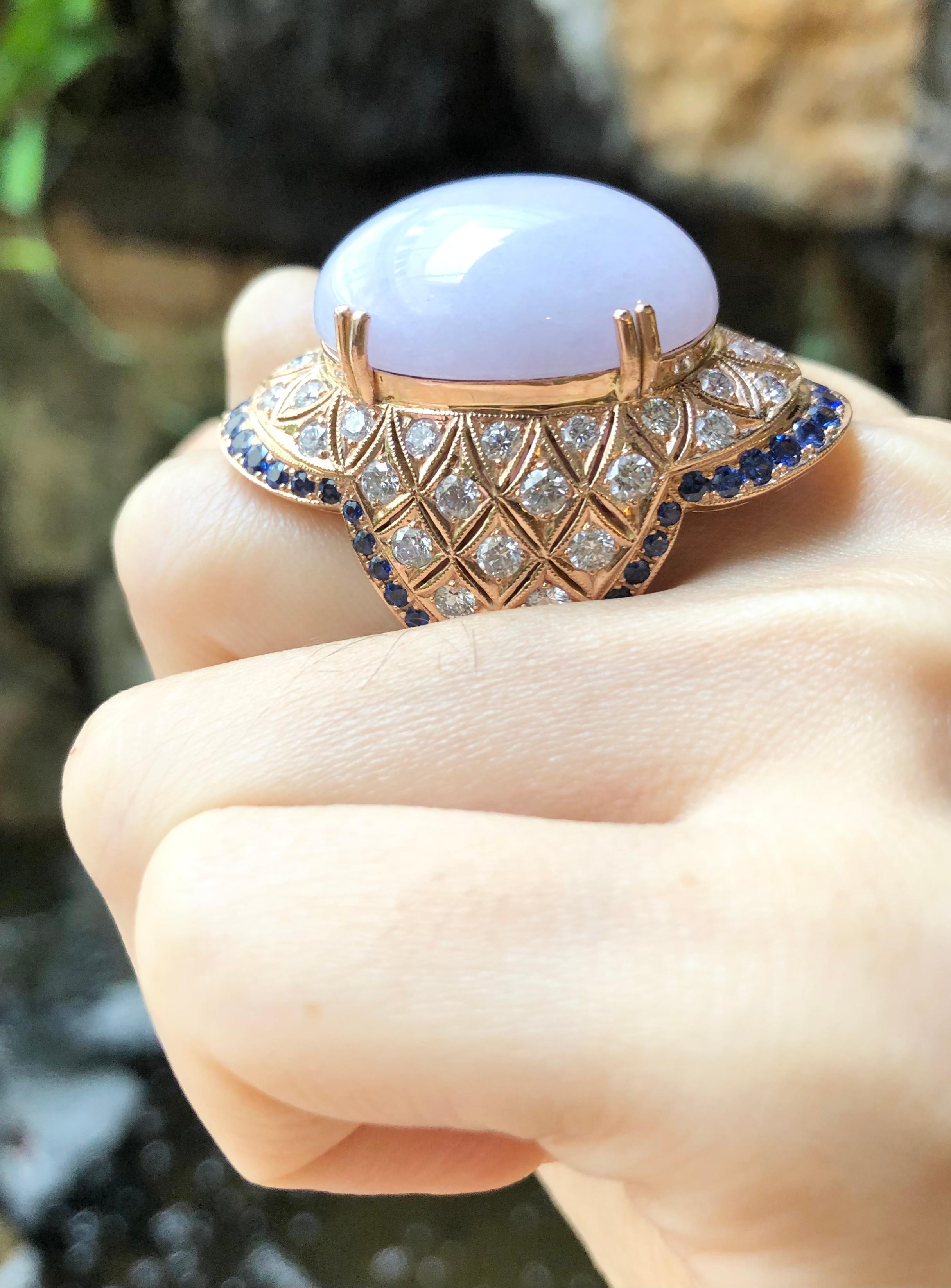 Lavender Jade with Diamond and Blue Sapphire Ring Set 18 Karat Rose Gold Setting In New Condition For Sale In Bangkok, TH