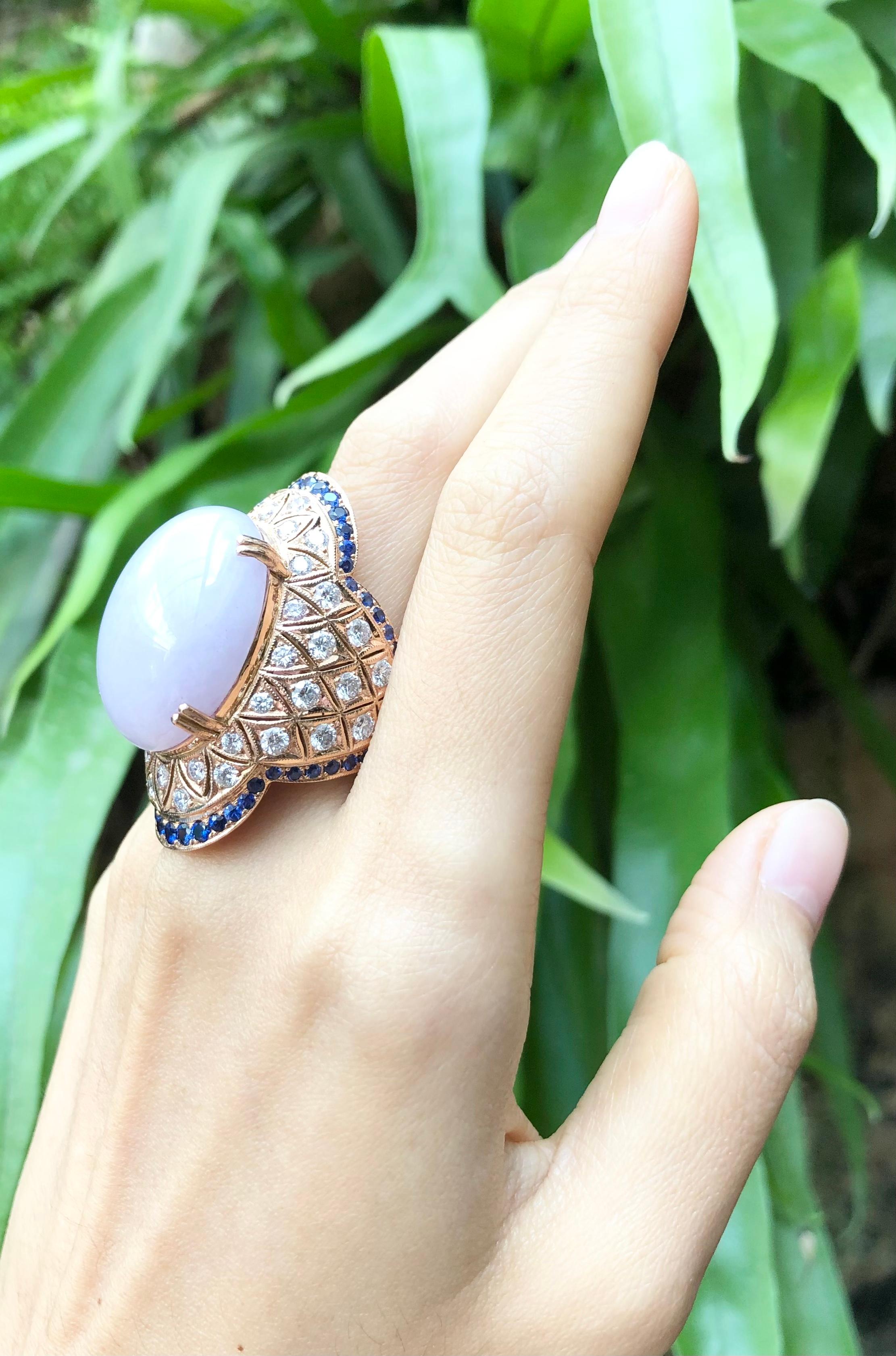 Lavender Jade with Diamond and Blue Sapphire Ring Set 18 Karat Rose Gold Setting For Sale 1