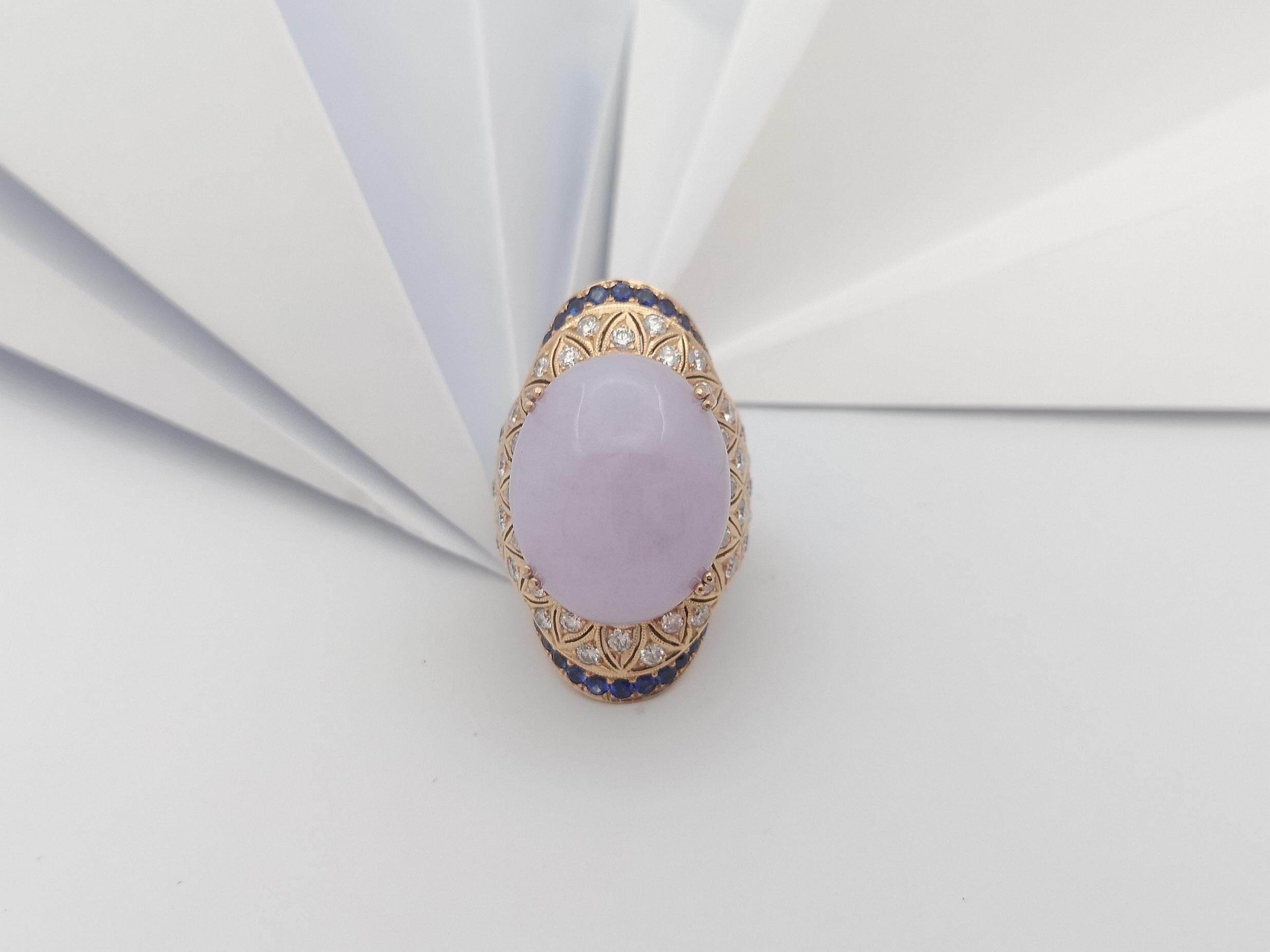 Lavender Jade with Diamond and Blue Sapphire Ring Set 18 Karat Rose Gold Setting For Sale 2