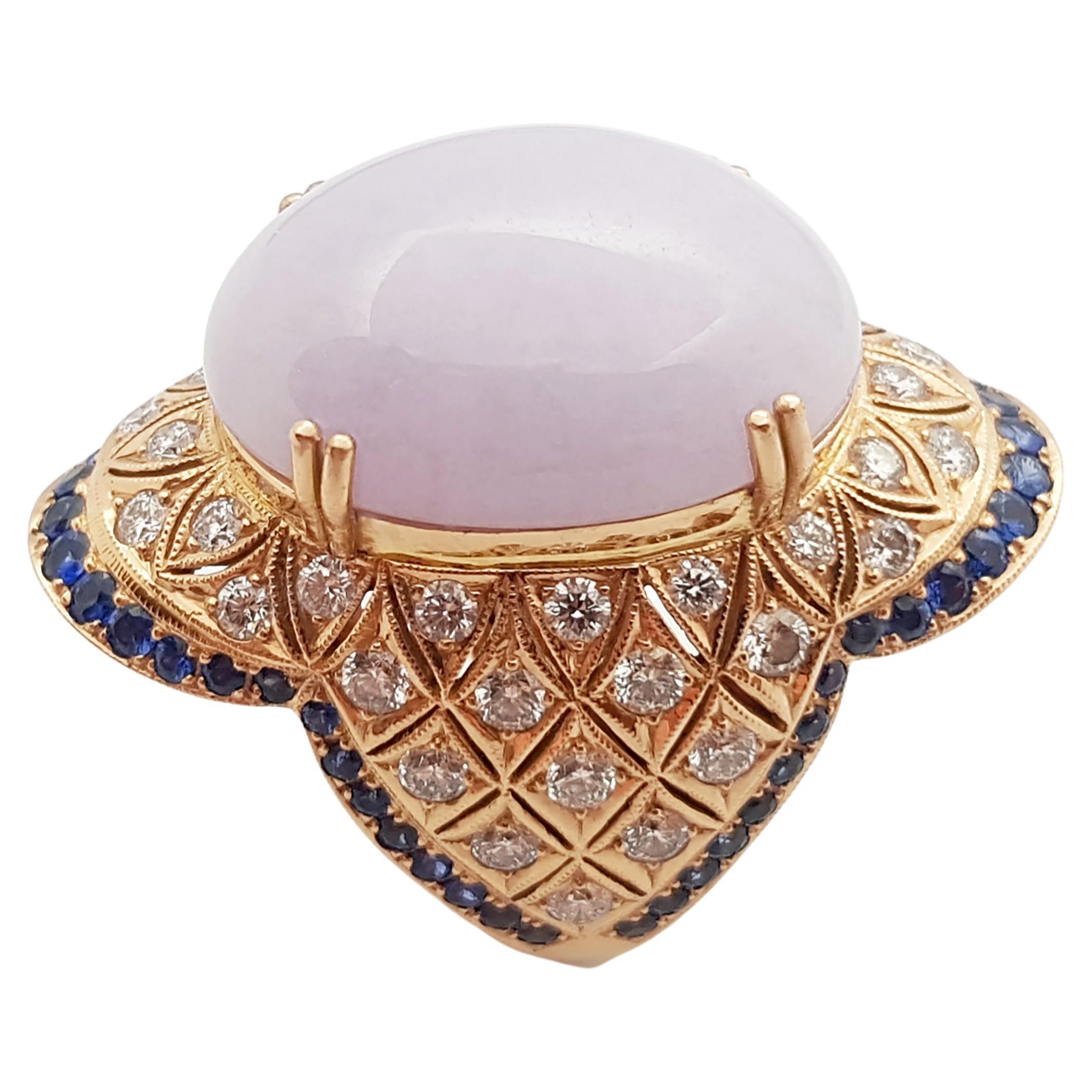 Lavender Jade with Diamond and Blue Sapphire Ring Set 18 Karat Rose Gold Setting For Sale