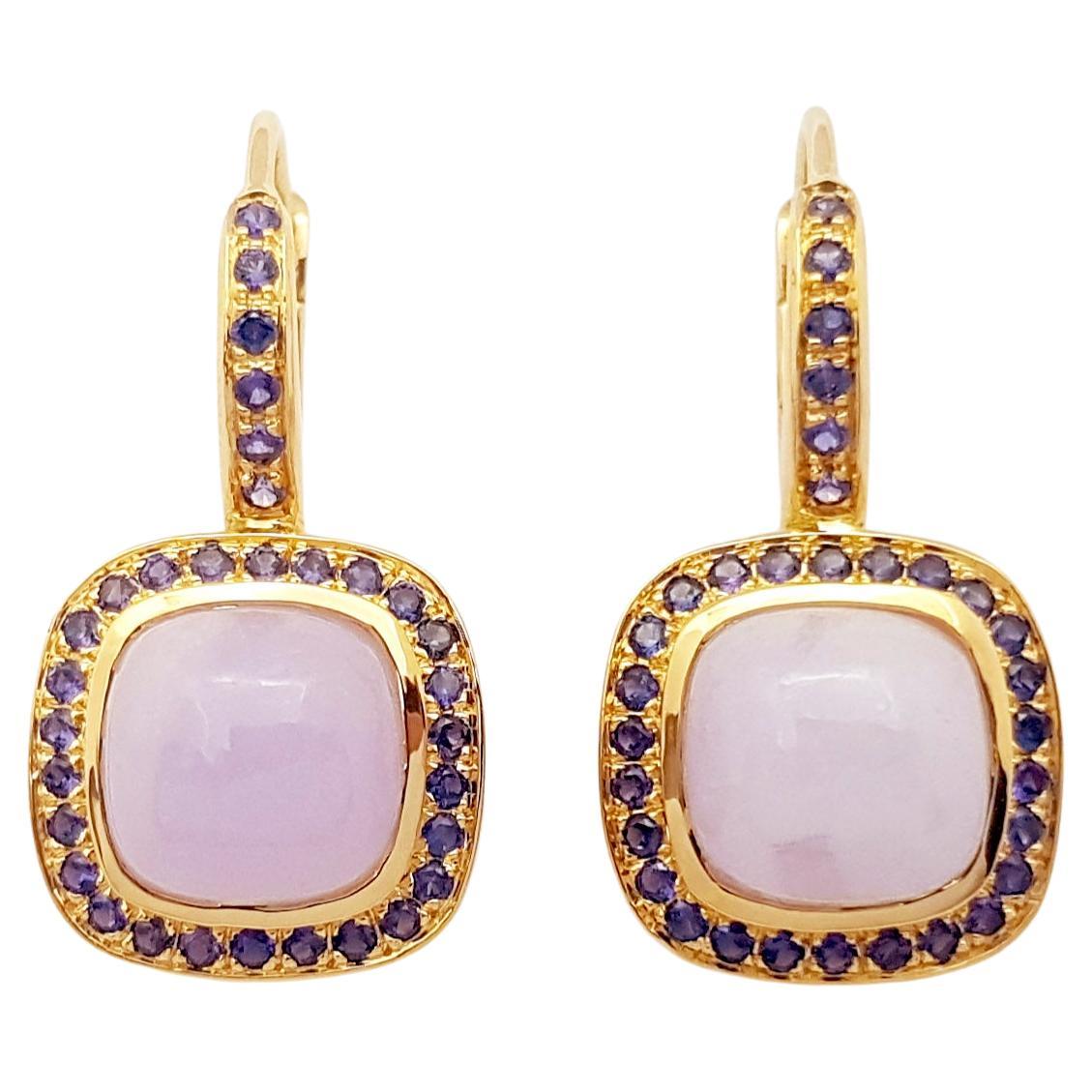 Lavender Jade with Purple Sapphire Earrings set in 18K Gold Settings For Sale