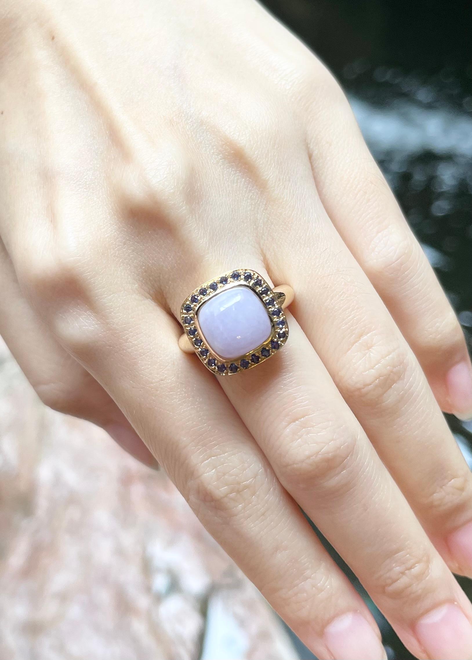 Cabochon Lavender Jade with Purple Sapphire Ring set in 18k Gold Settings For Sale