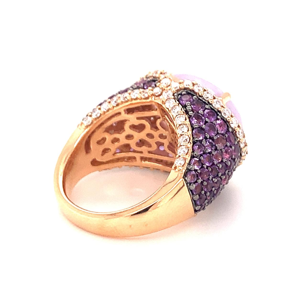 Brilliant Cut Lavender Jadeite, Amethyst and Diamond 18K Rose Gold Cocktail Ring For Sale