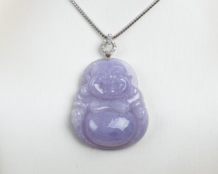 Lavender Jadeite Jade Buddha and Diamond Pendant, Certified Untreated
