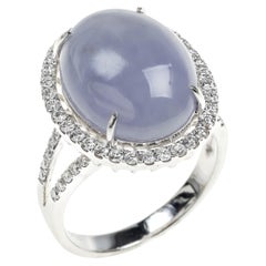 Lavender Jadeite Jade Cabochon and Halo Diamond Ring, Certified Untreated