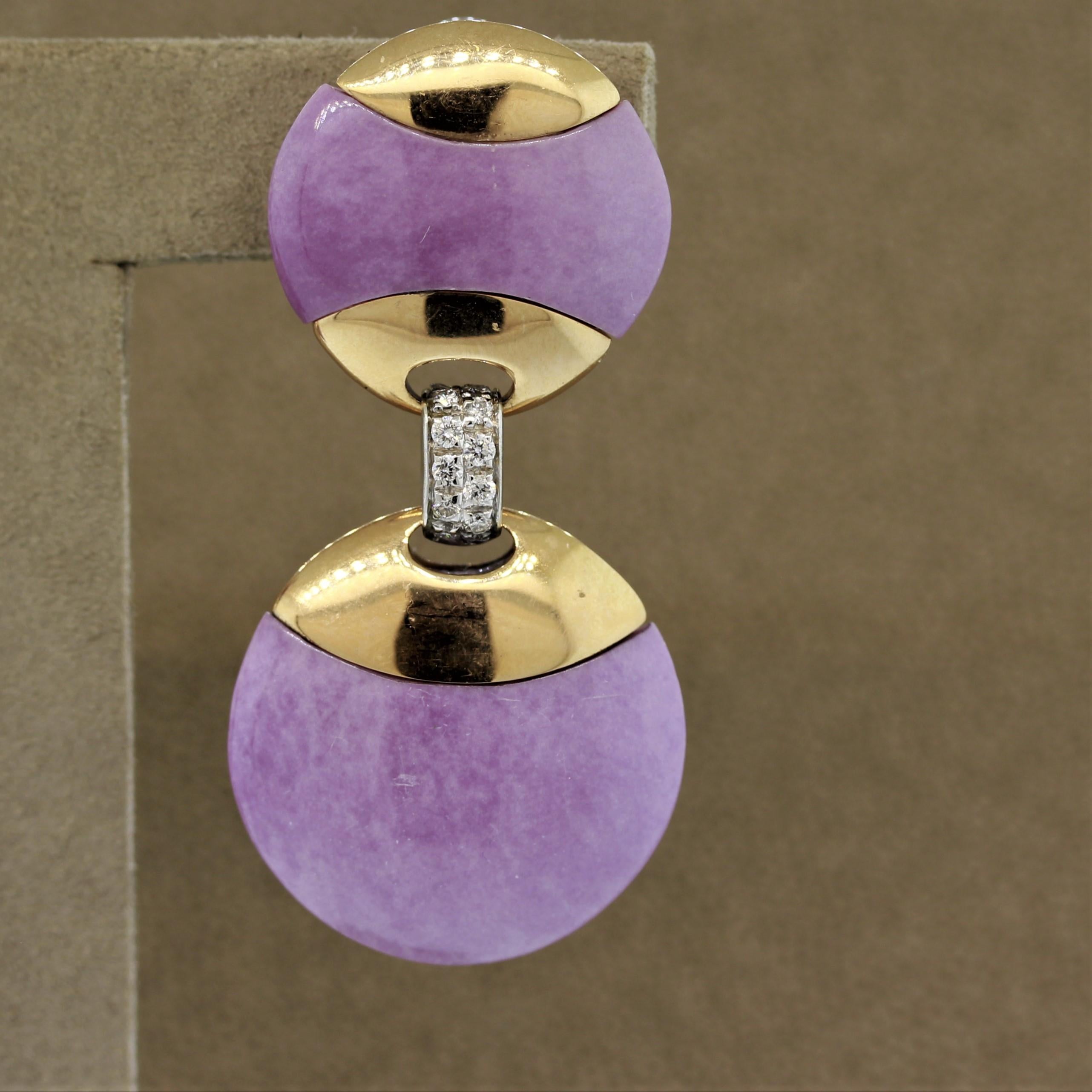 Lavendel Jadeit Jade Diamant Gold Scheibe Tropfen Ohrringe (Rundschliff) im Angebot