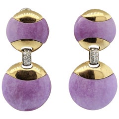 Lavender Jadeite Jade Diamond Gold Disc Drop Earrings