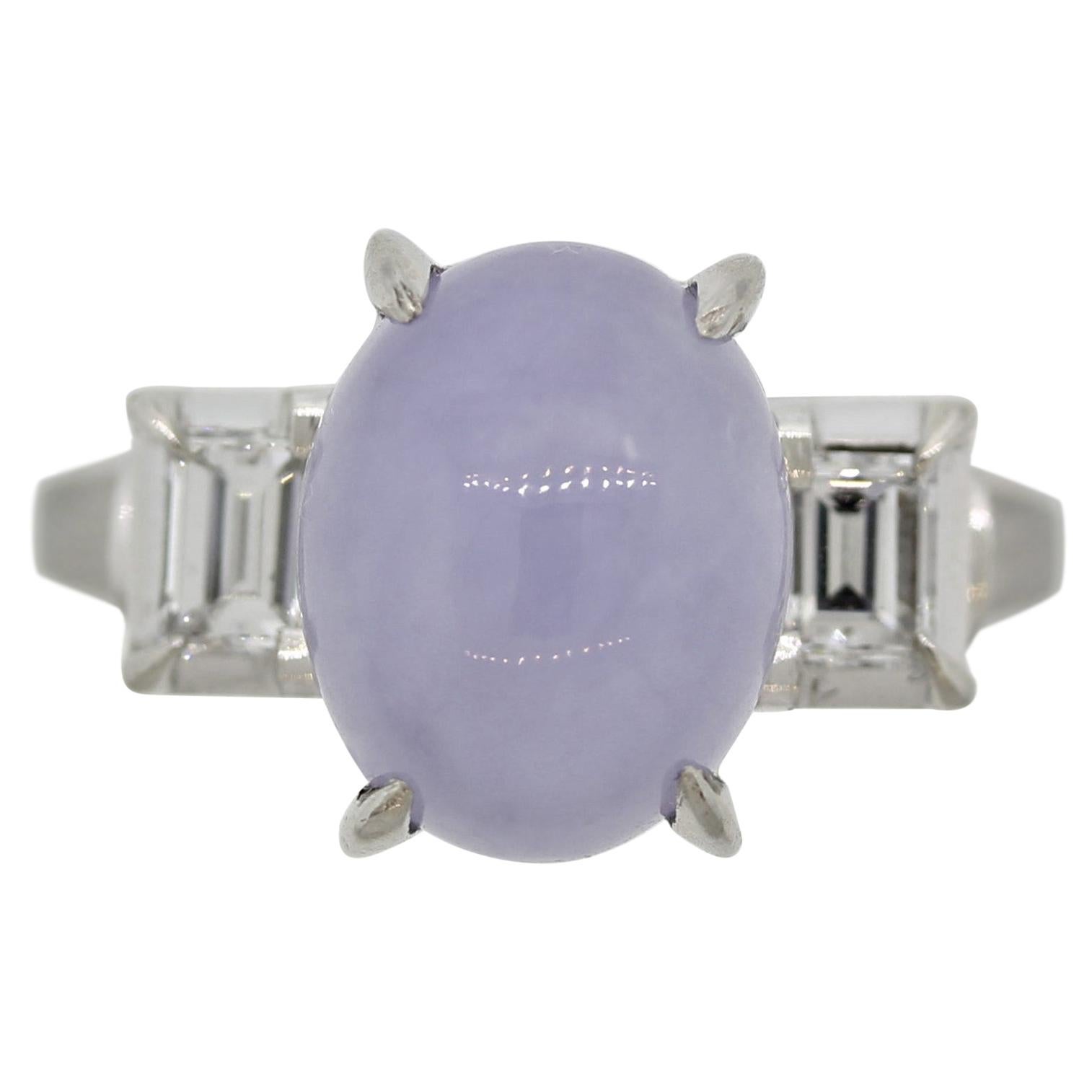 Lavender Jadeite Jade Diamond Platinum 3-Stone Ring For Sale