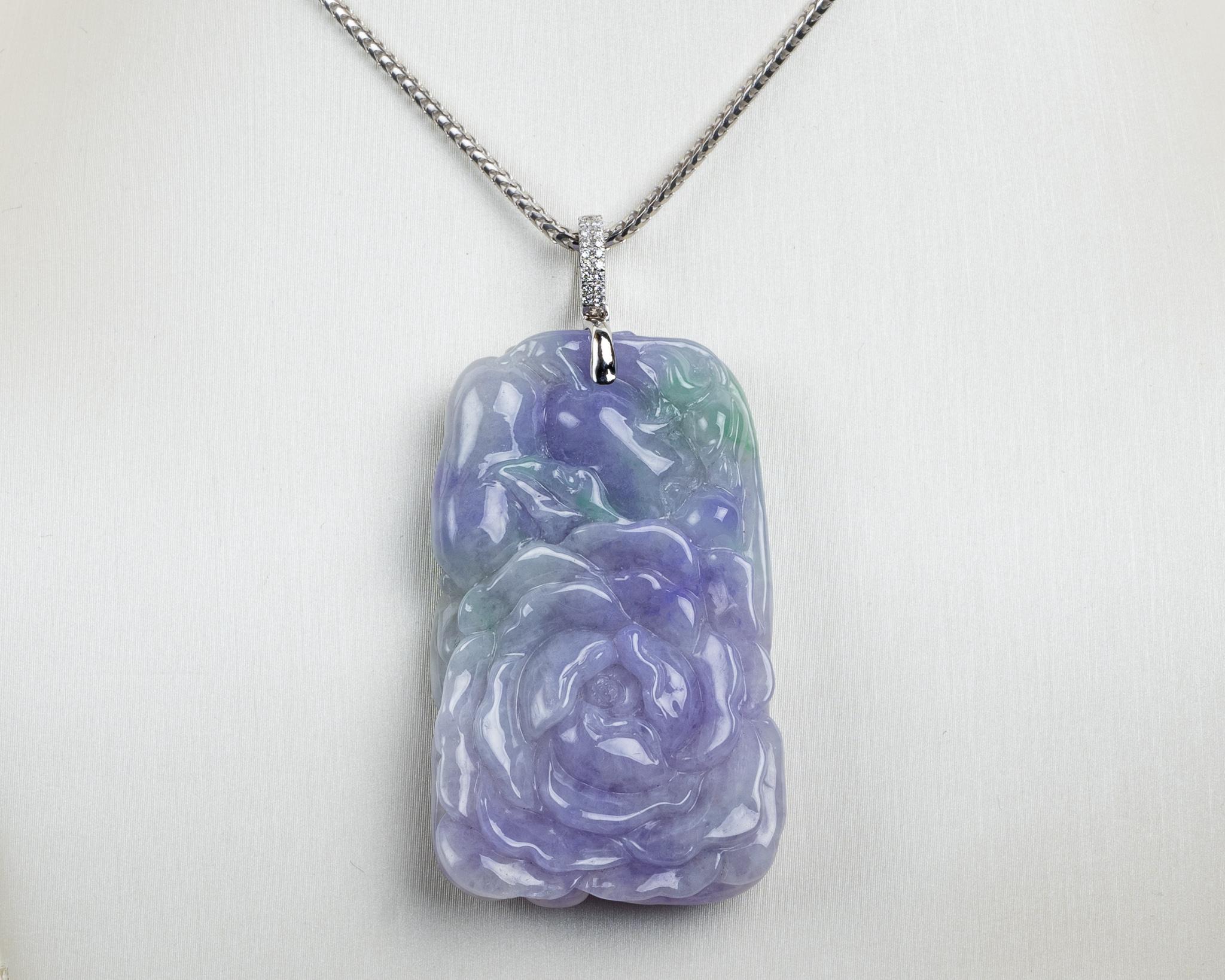 Contemporary Lavender Jadeite Jade Peony Flower and Diamond Pendant, Certified Untreated