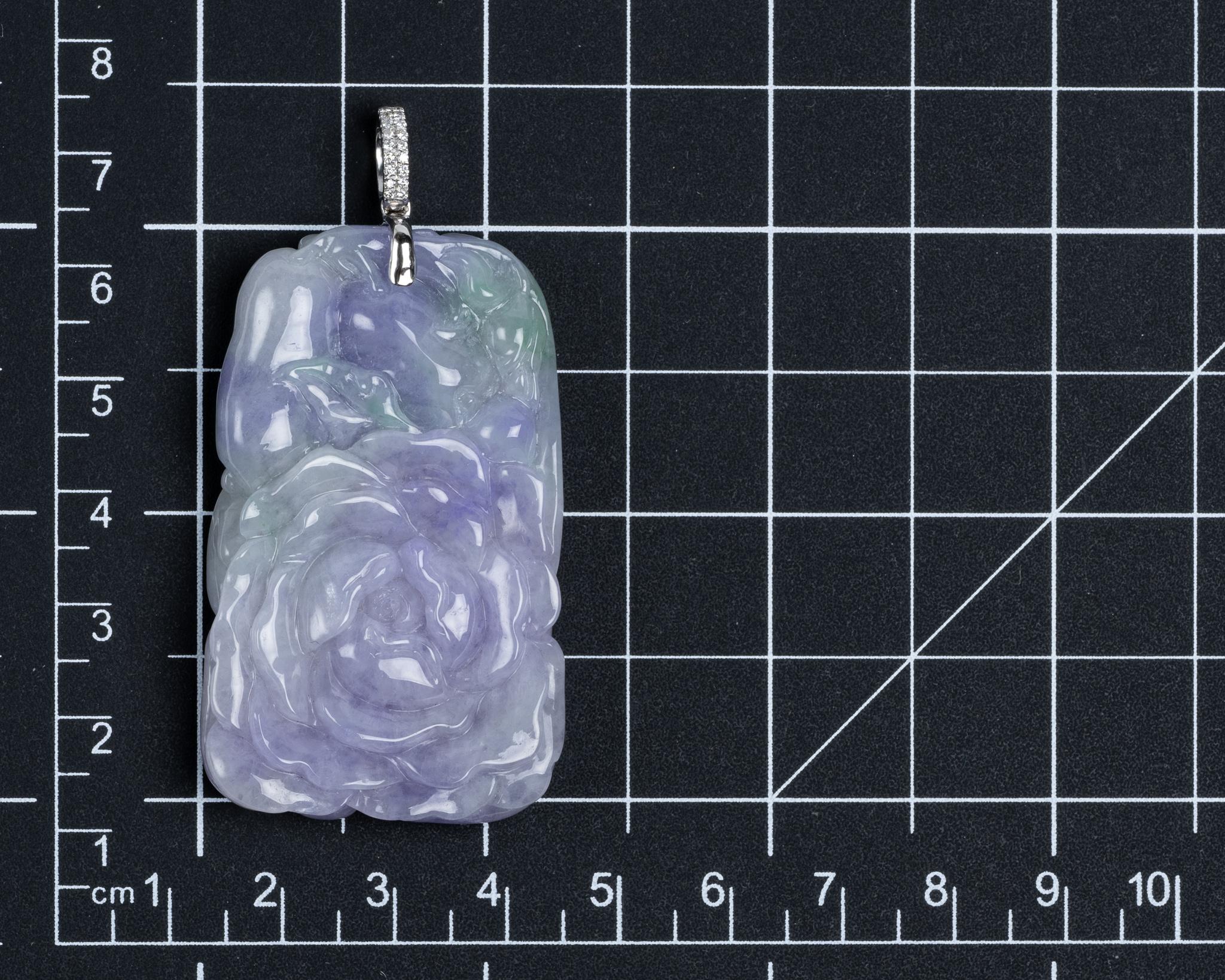 Rough Cut Lavender Jadeite Jade Peony Flower and Diamond Pendant, Certified Untreated