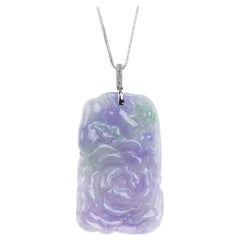 Lavender Jadeite Jade Peony Flower and Diamond Pendant, Certified Untreated