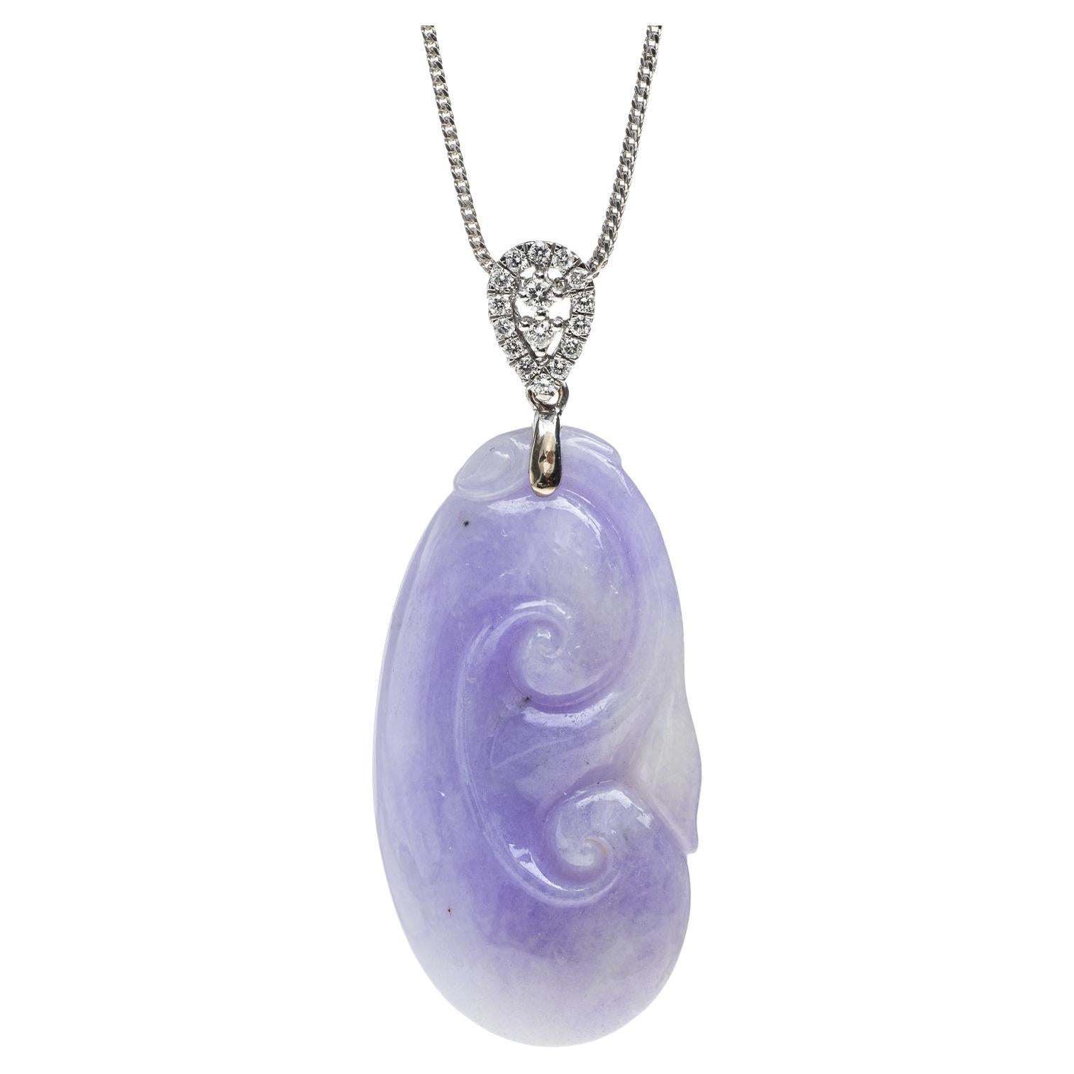Lavender Jadeite Jade Ruyi and Diamond Pendant, Certified Untreated For Sale
