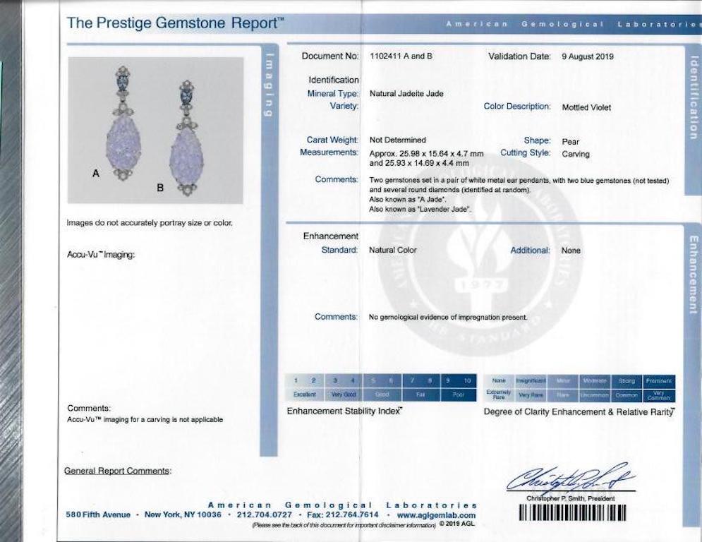 AGL 24.49 Carats Lavender Jadeite, Tanzanite, and Diamond Earrings - Detachable In New Condition For Sale In Charleston, SC