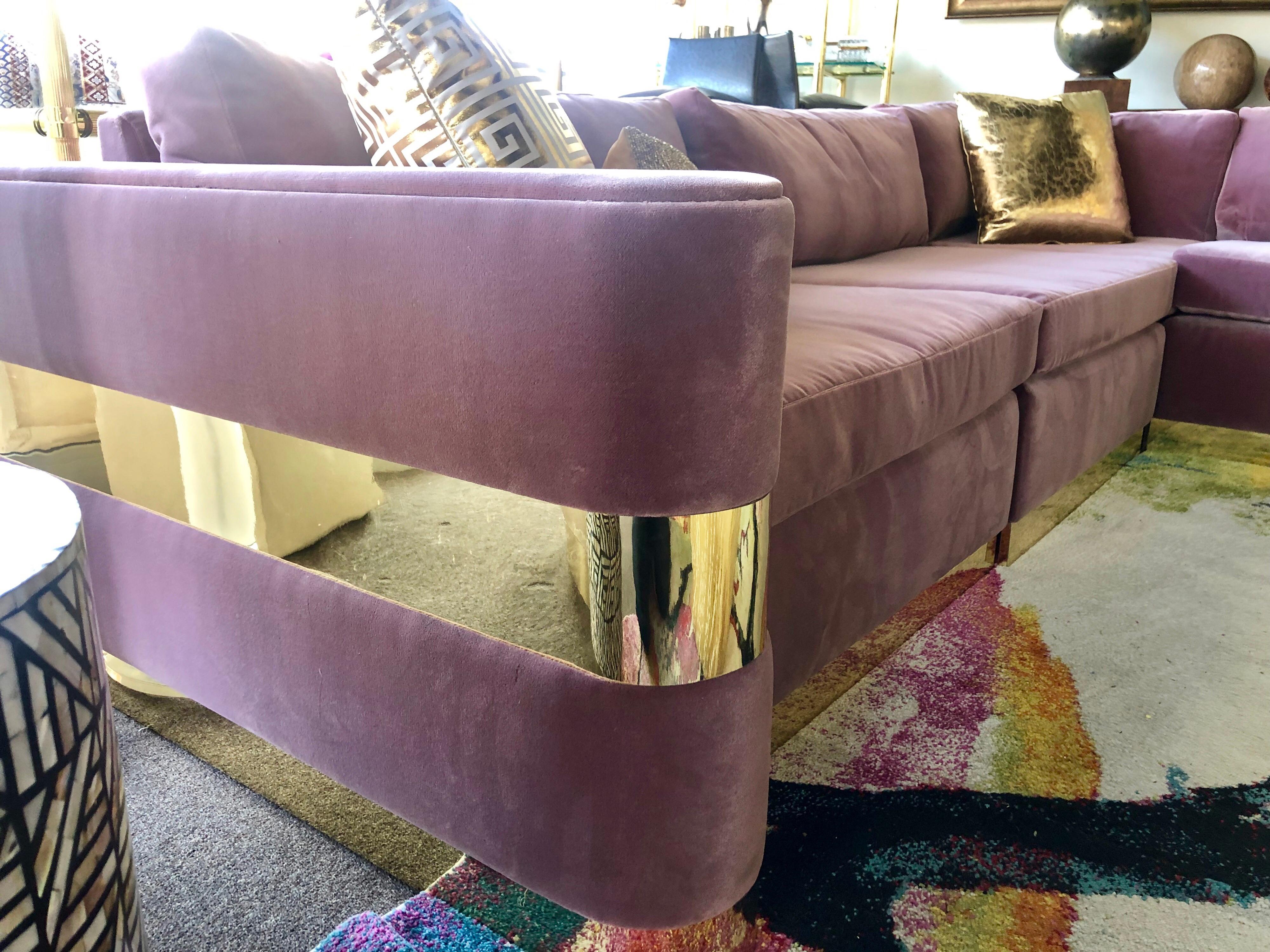 Lavender Mohair and Brass Four-Piece Custom Sectional from Hollywood TV Series 1