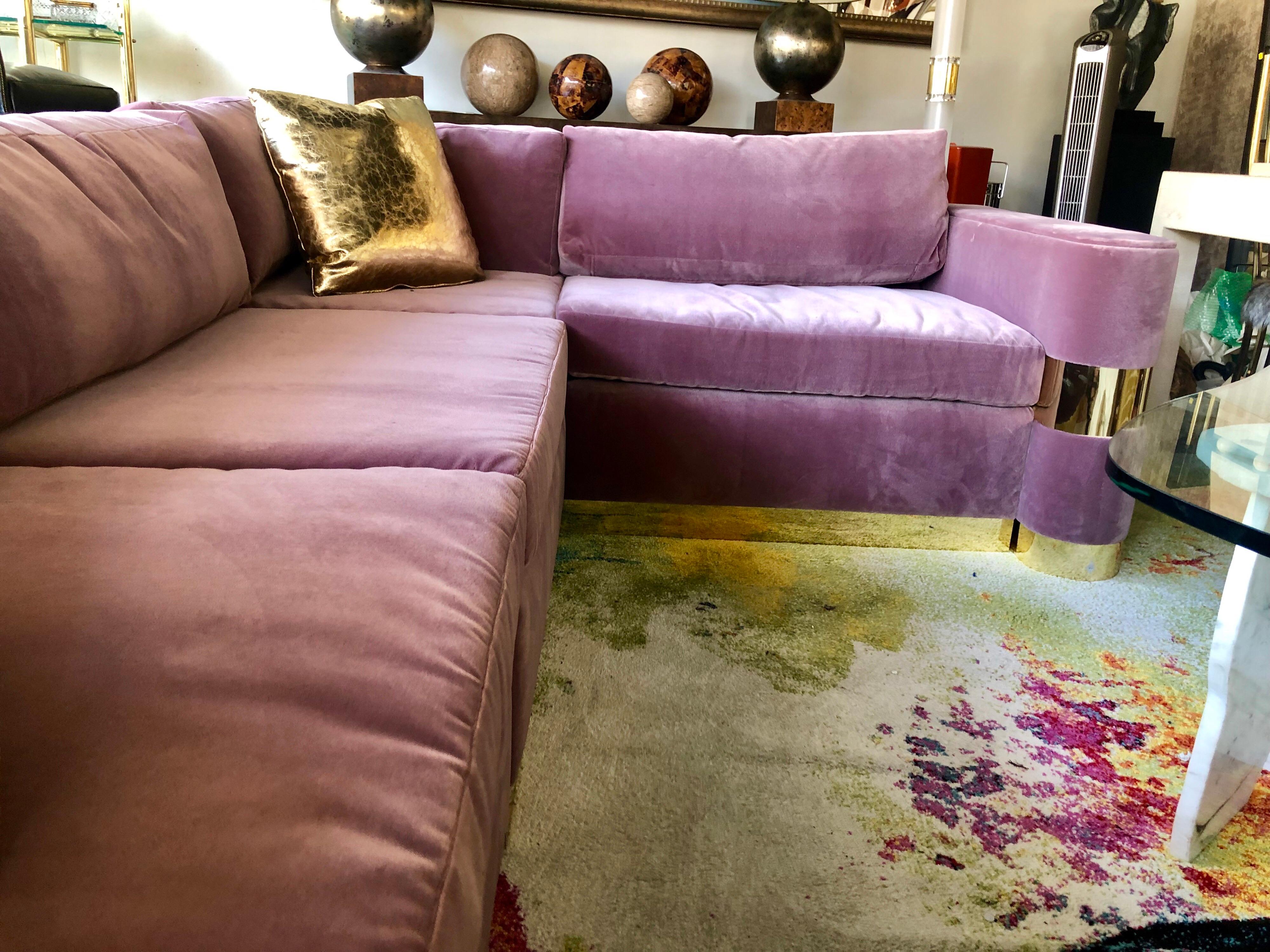 Contemporary Lavender Mohair and Brass Four-Piece Custom Sectional from Hollywood TV Series