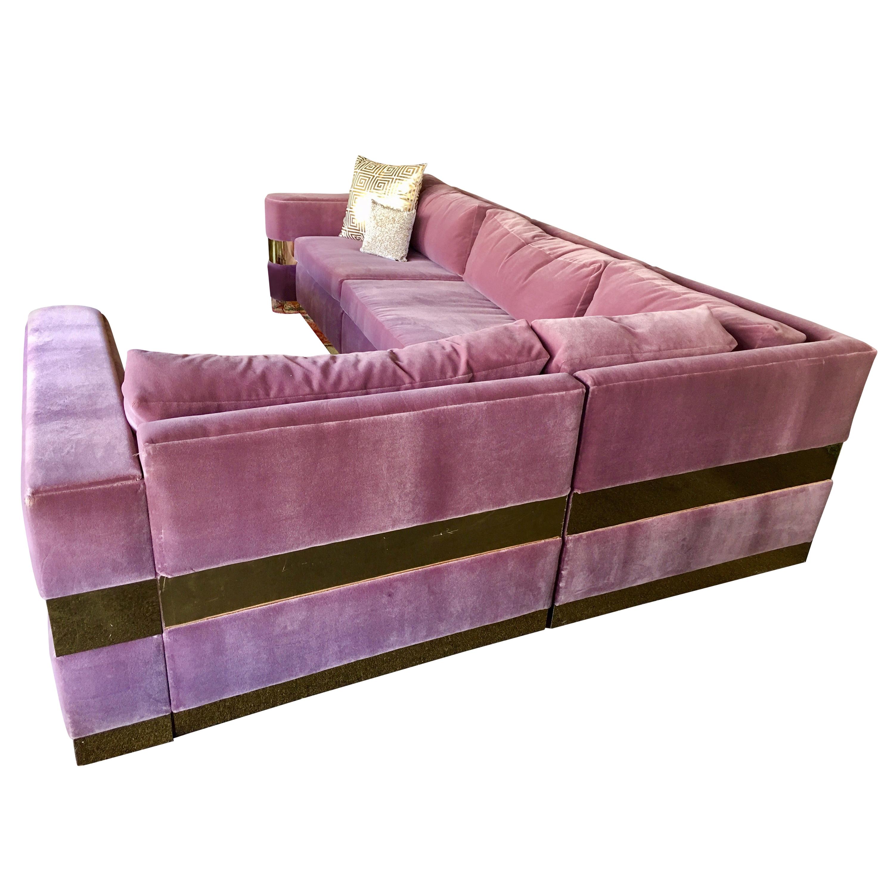 Lavender Mohair and Brass Four-Piece Custom Sectional from Hollywood TV Series