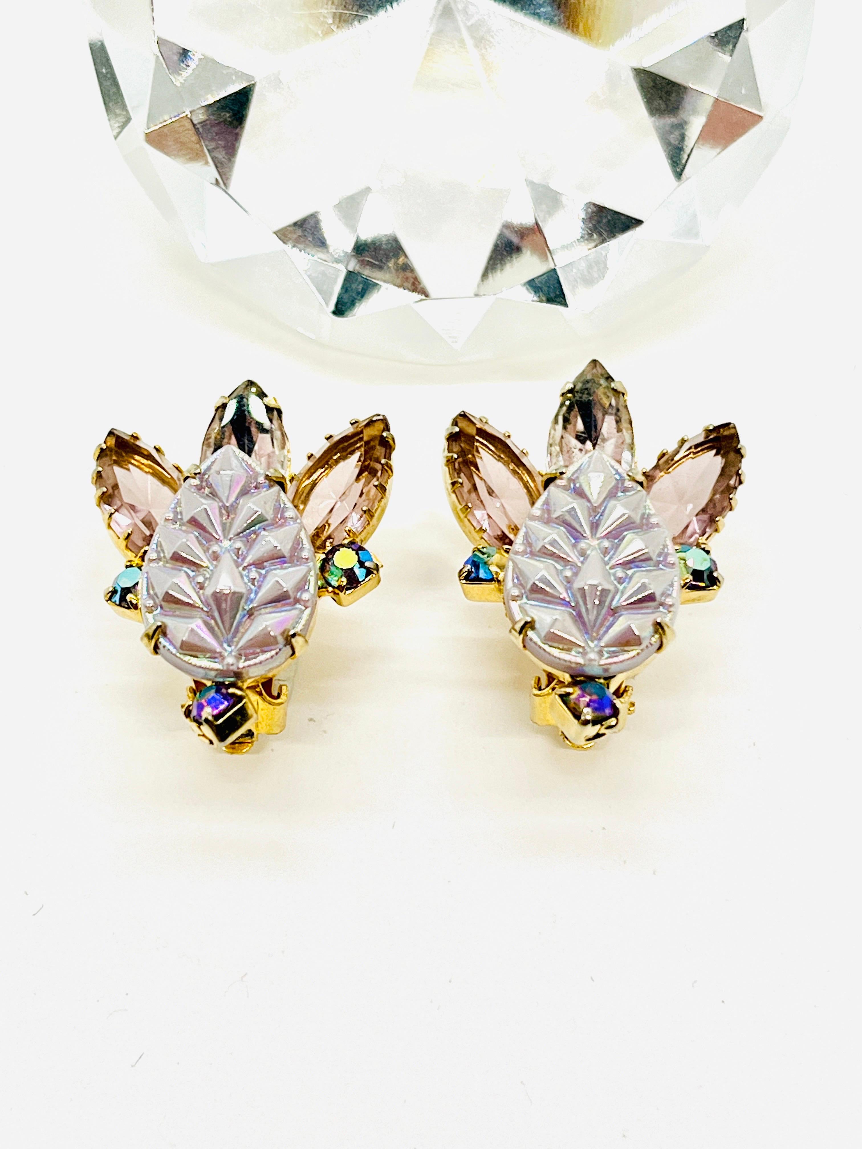 Women's Lavender Molded Glass Leaf Clip Earrings, Milk Glass, Marquise Rhinestone For Sale