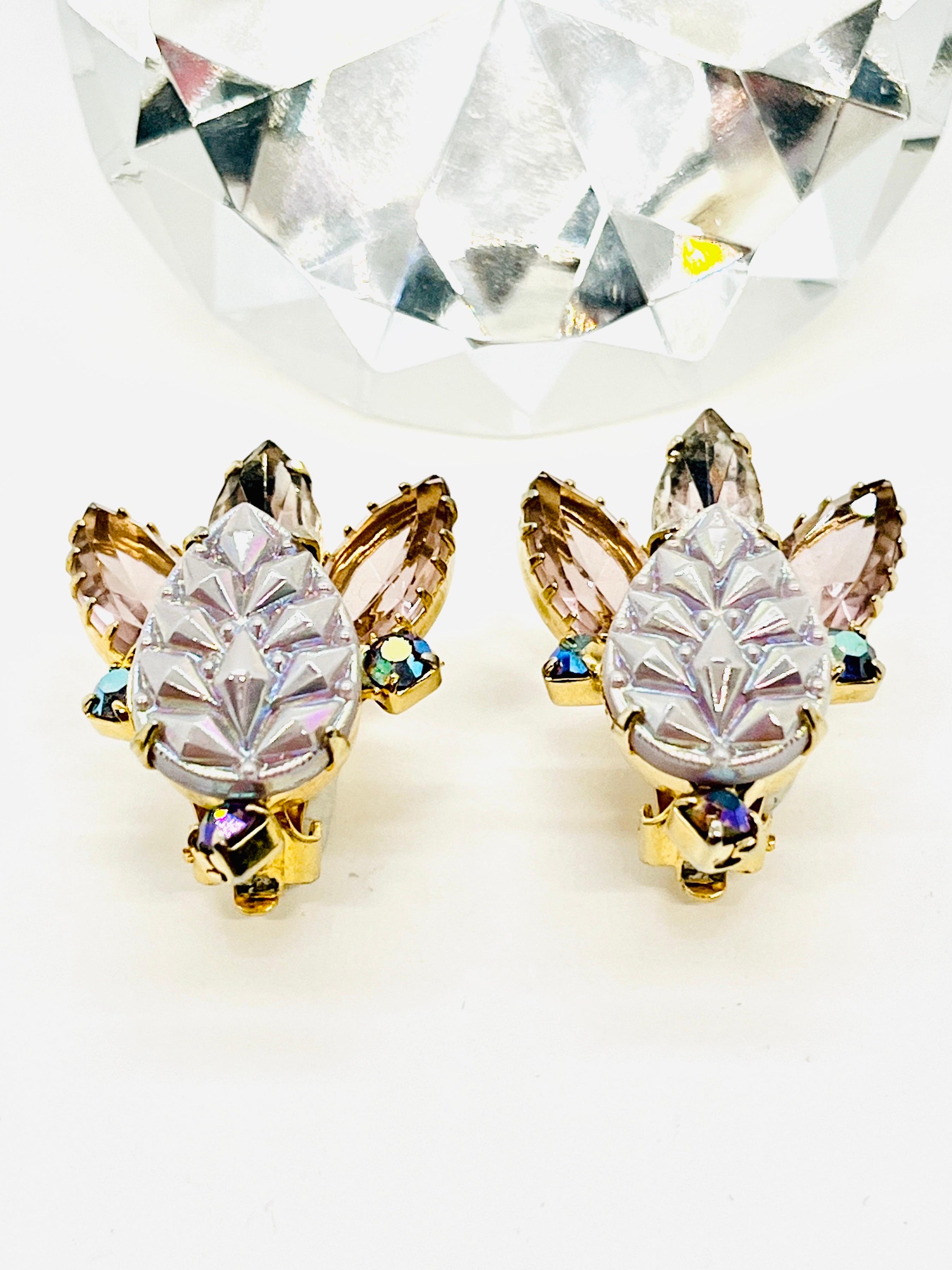Lavender Molded Glass Leaf Clip Earrings, Milk Glass, Marquise Rhinestone For Sale 1
