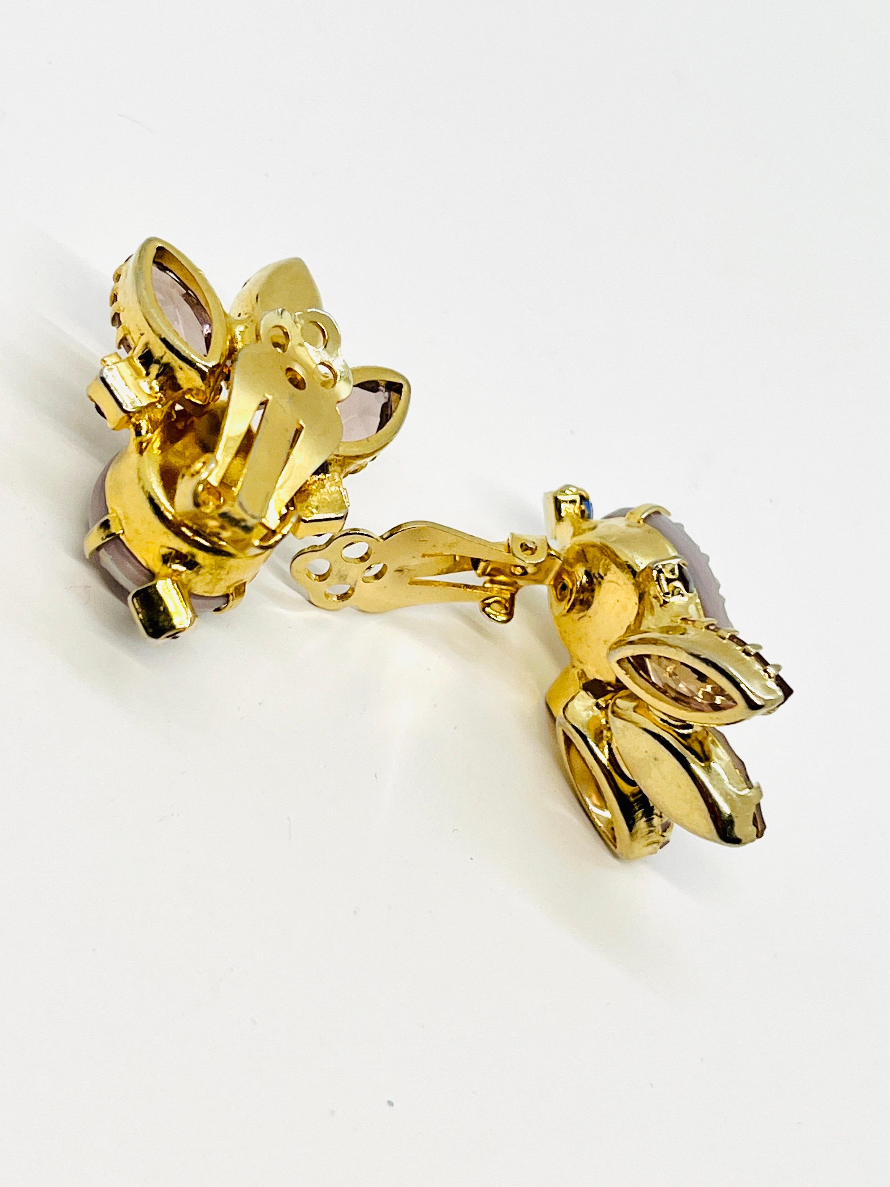 Lavender Molded Glass Leaf Clip Earrings, Milk Glass, Marquise Rhinestone For Sale 3
