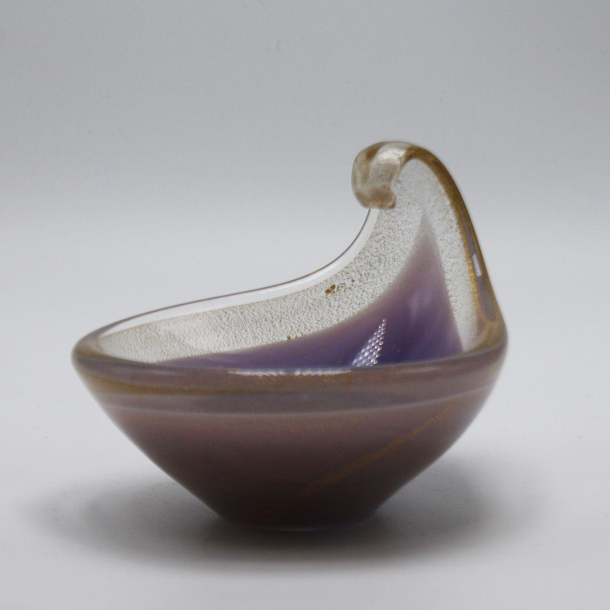 Lavender Murano glass tear drop bowl with gold flecks, circa 1970.