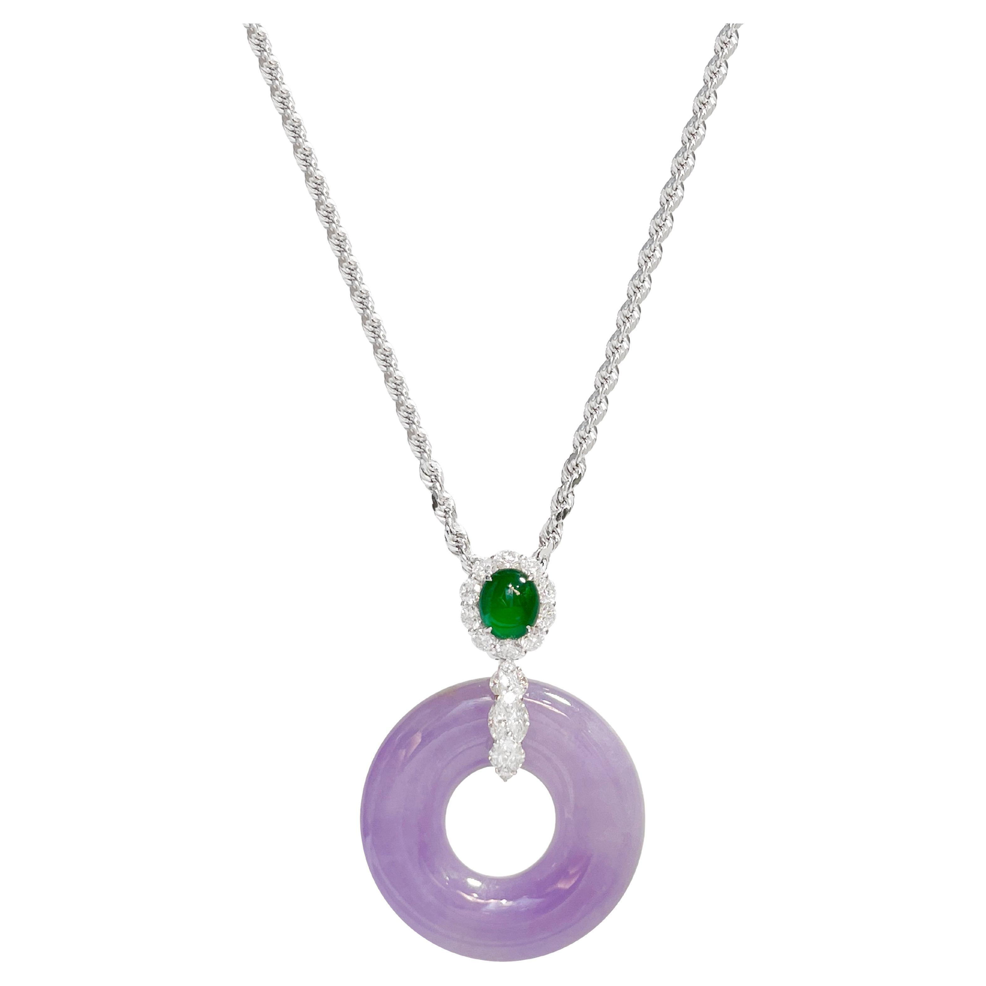Lavender natural Jadeite and Diamond Pendant in 18K Gold with Necklace