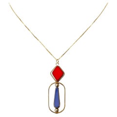 Collier pendentif Bauhaus vintage en verre lavande et orange plaqué or 18 carats