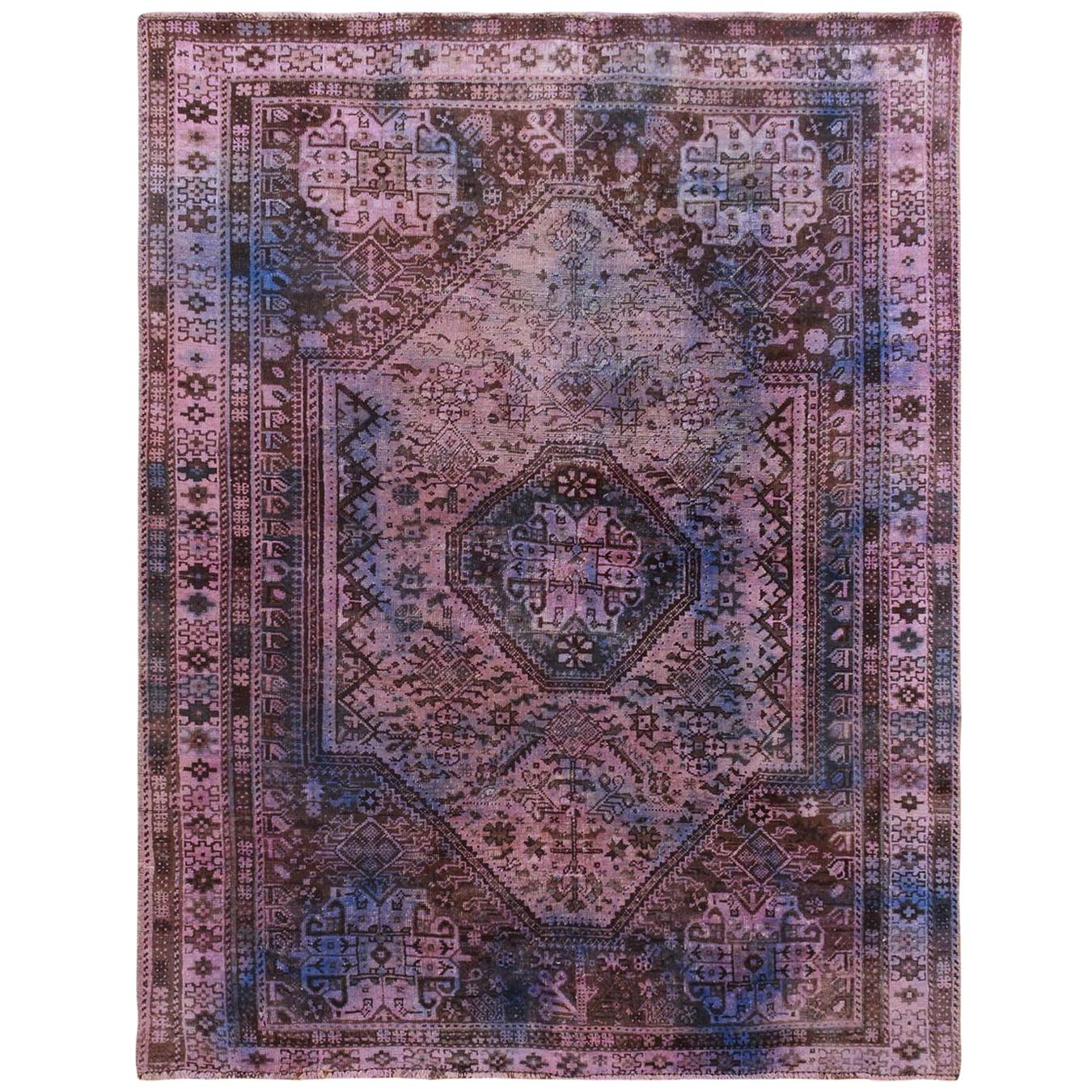 Lavender Overdyed and Vintage Worn Down Persian Shiraz Clean Pure Wool Rug 