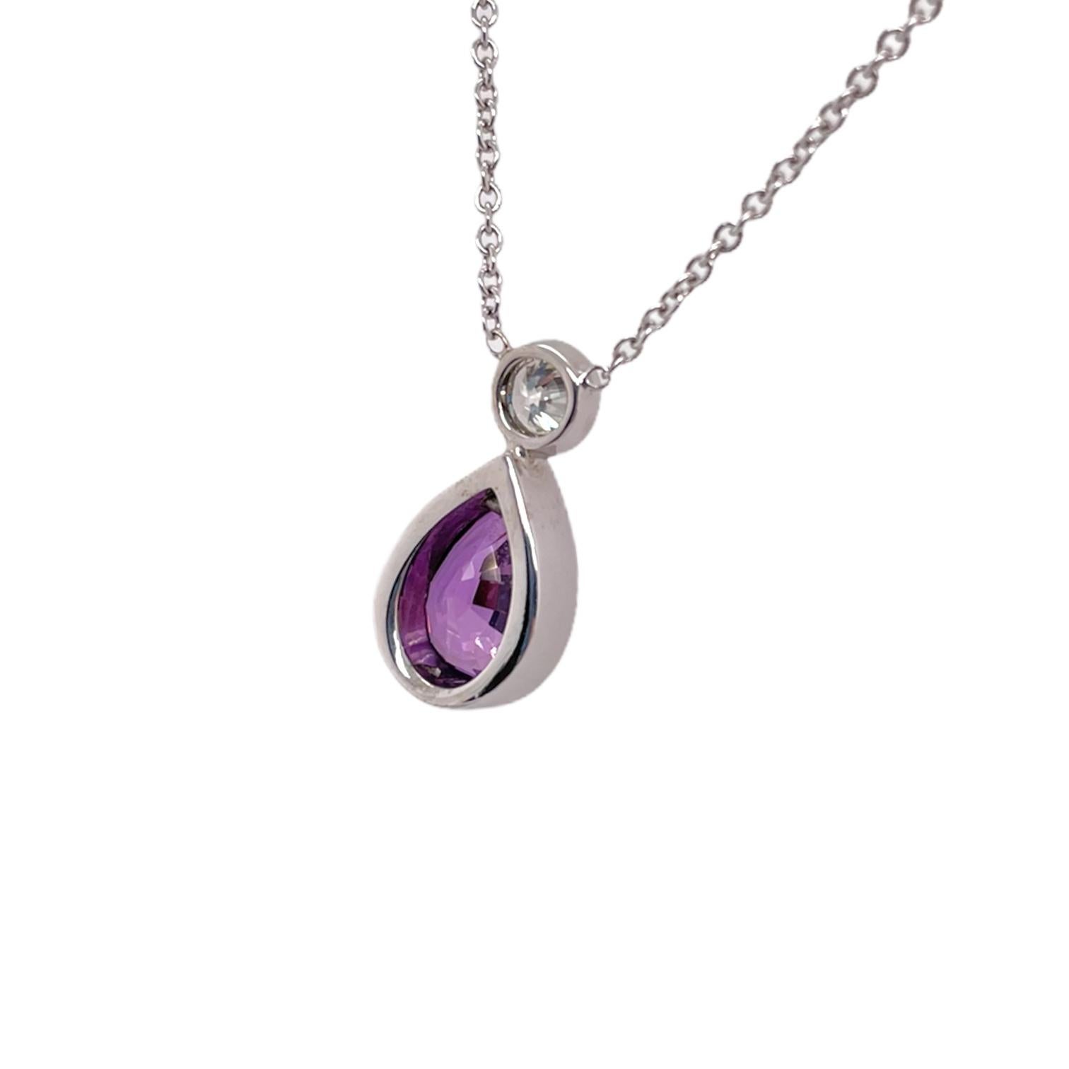Modern Lavender Pink Sapphire & Diamond Bezel Pendant in 14K White Gold For Sale