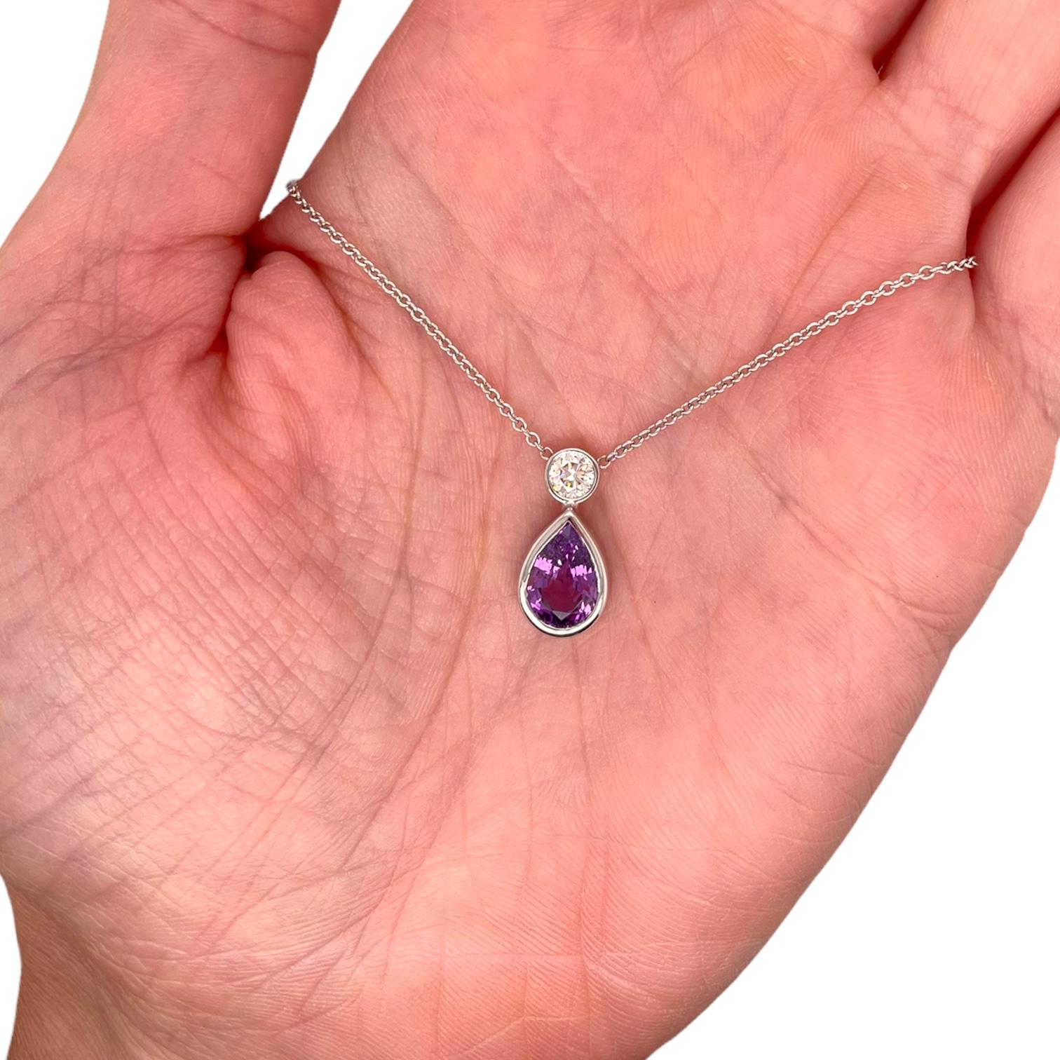 Pear Cut Lavender Pink Sapphire & Diamond Bezel Pendant in 14K White Gold For Sale