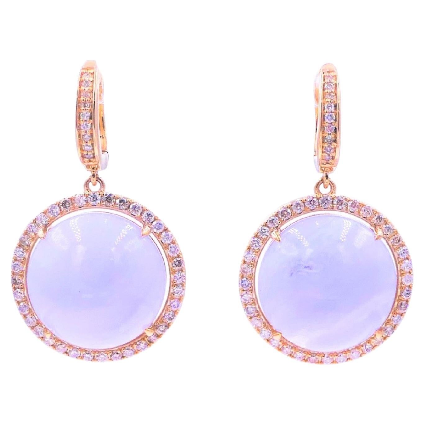 Lavender Purple Lace Chalcedony Round Cabochon Diamond Halo 14K Gold Earrings
14 Karat Yellow Gold
2.00 CT Diamonds
Lavender Purple Lace Chalcedony Cabochon Gemstones

Important Information:
Please note that this item will take 2-4 weeks to deliver