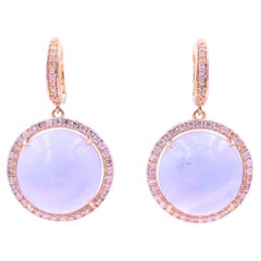 Lavender Purple Lace Chalcedony Round Cabochon Diamond Halo 14k Gold Earrings