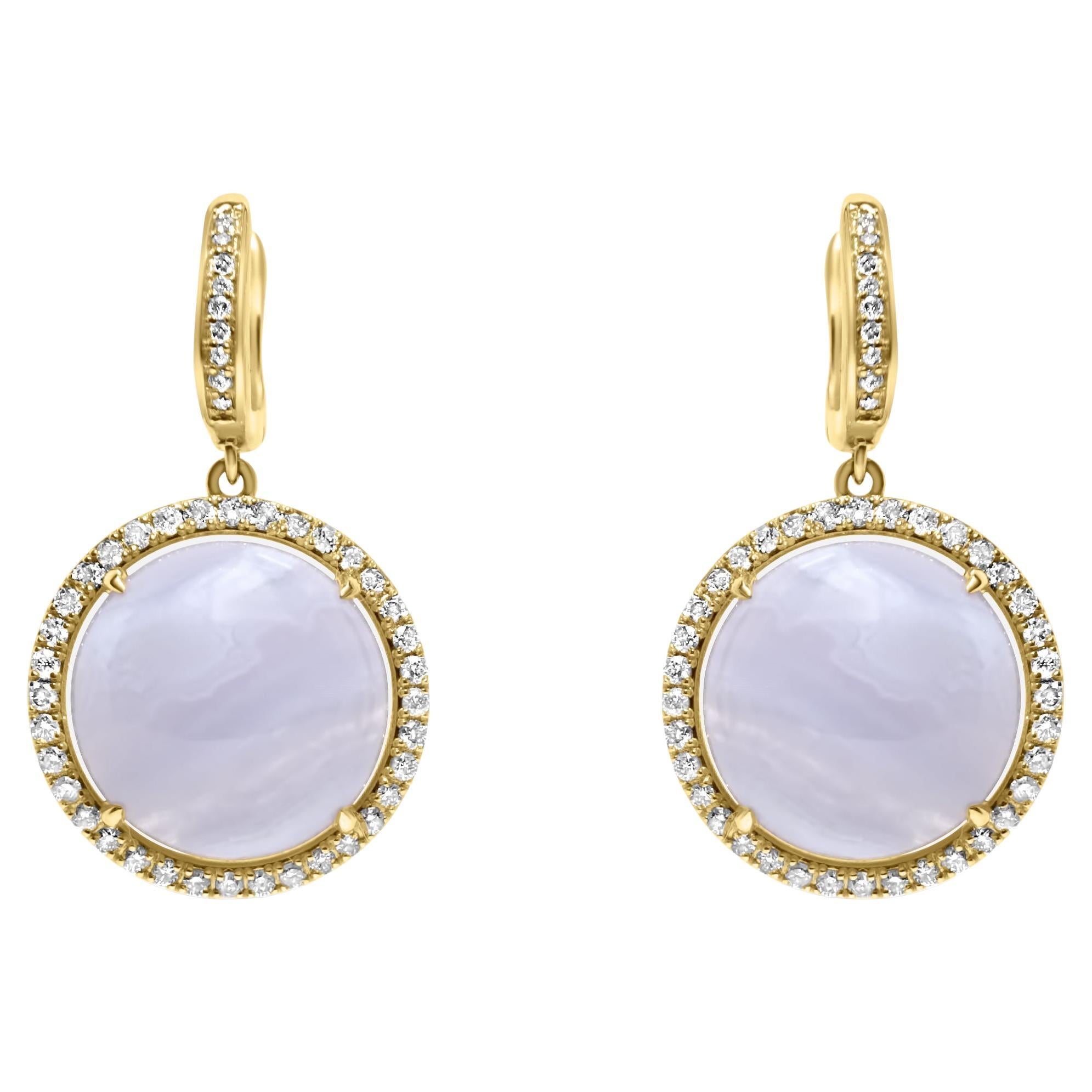 Lavender Purple Lace Chalcedony Round Cabochon Diamond Halo 14k Gold Earrings For Sale