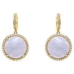 Lavender Purple Lace Chalcedony Round Cabochon Diamond Halo 14k Gold Earrings