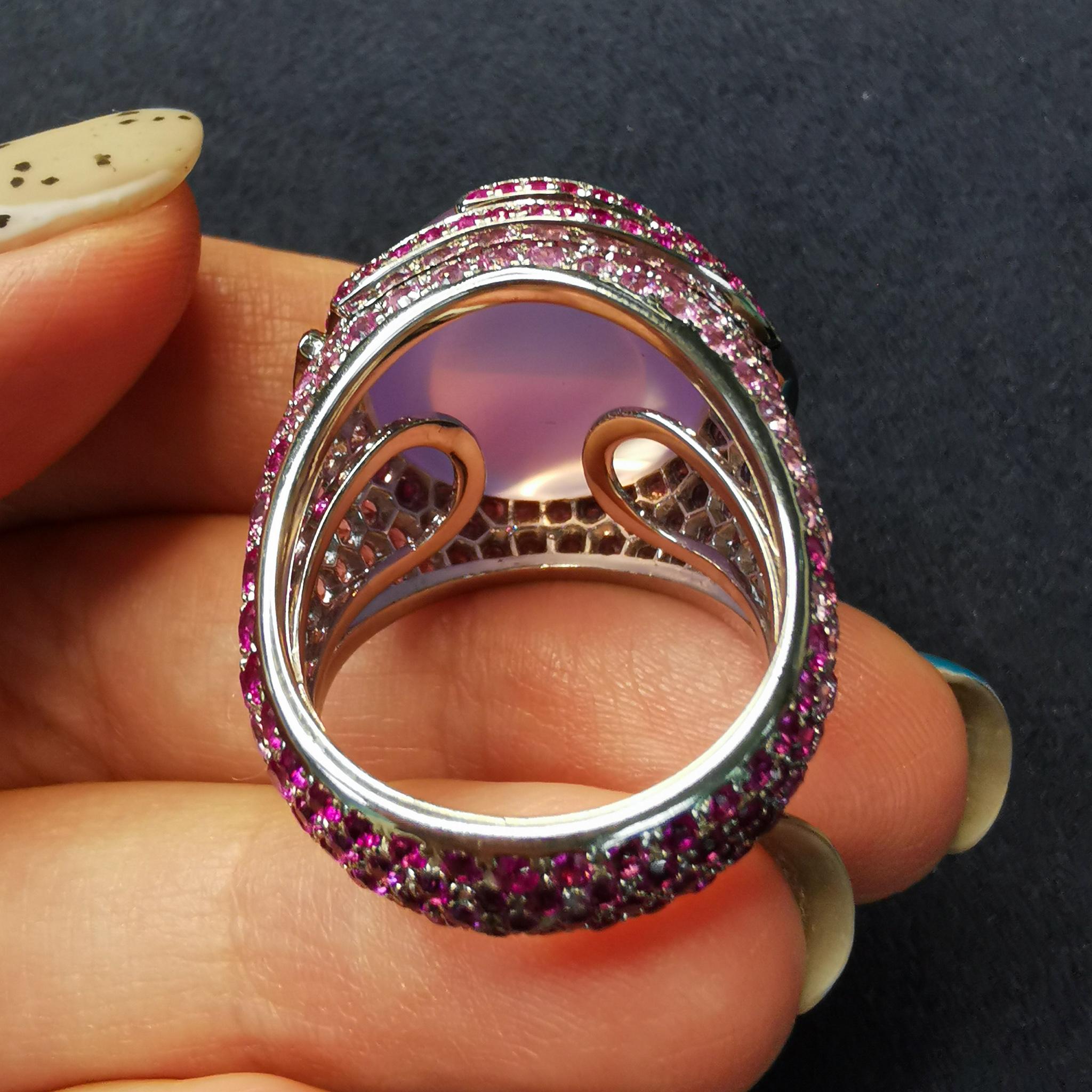 Women's Lavender Quartz 25.63 Carat Pink Sapphires 18 Karat White Gold Fuji Ring For Sale