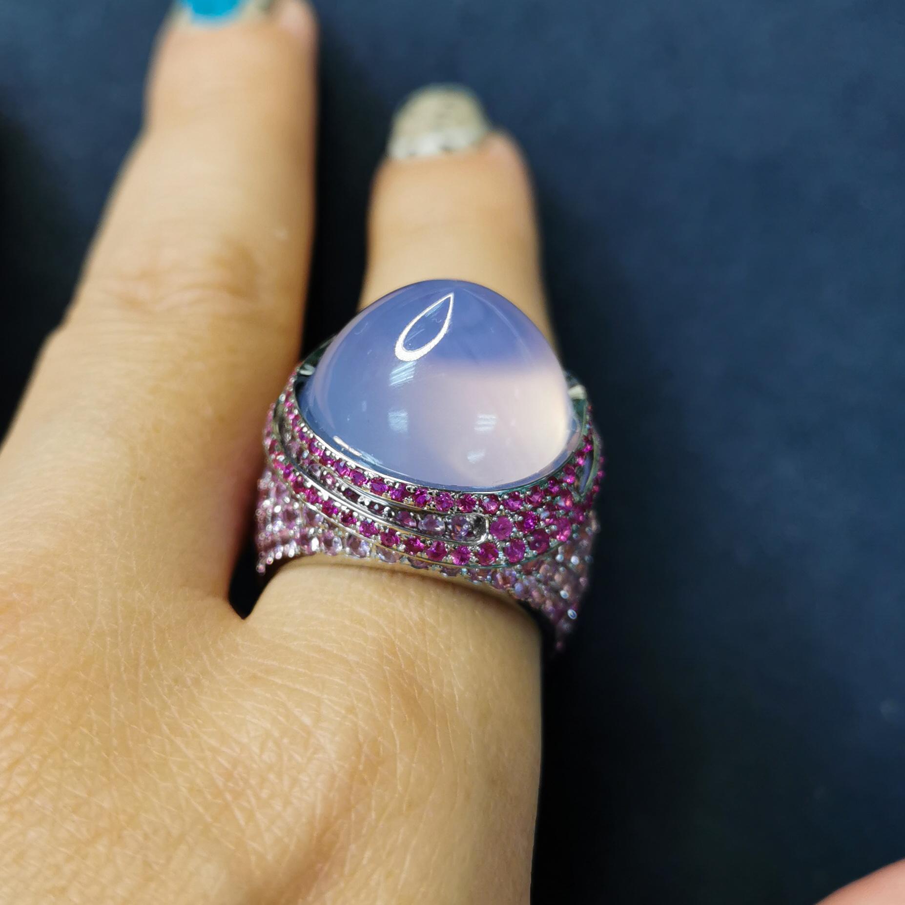 Lavender Quartz 25.63 Carat Pink Sapphires 18 Karat White Gold Fuji Ring For Sale 2