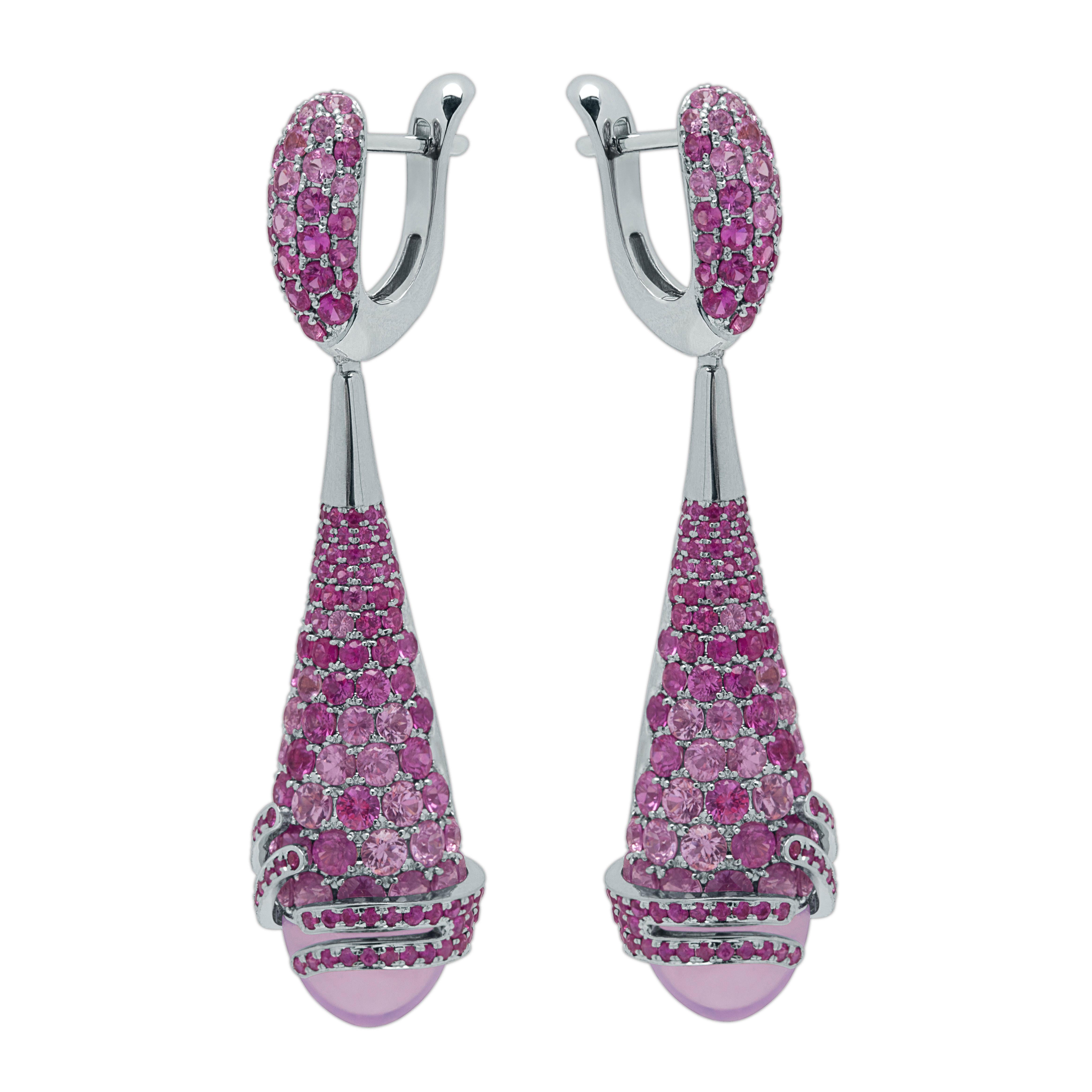 Lavender Quartz 8.87 Carat Pink Sapphires 18 Karat White Gold Fuji Earrings
Series of these Earrings isn't called Fuji for nothing, since the inspiration for the creation of these products came to us exactly from the contemplation of this majestic