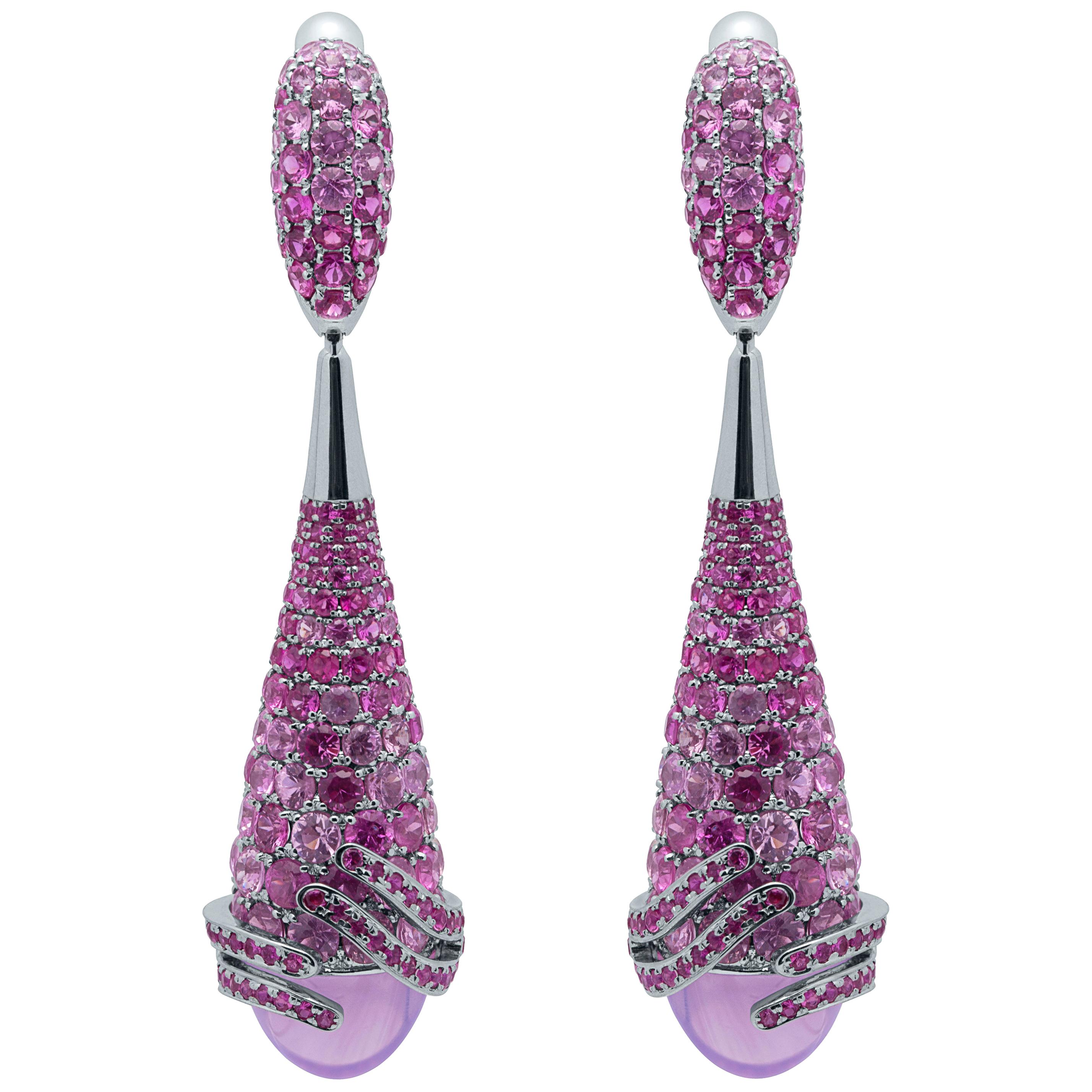 Lavender Quartz 8.87 Carat Pink Sapphires 18 Karat White Gold Fuji Earrings For Sale