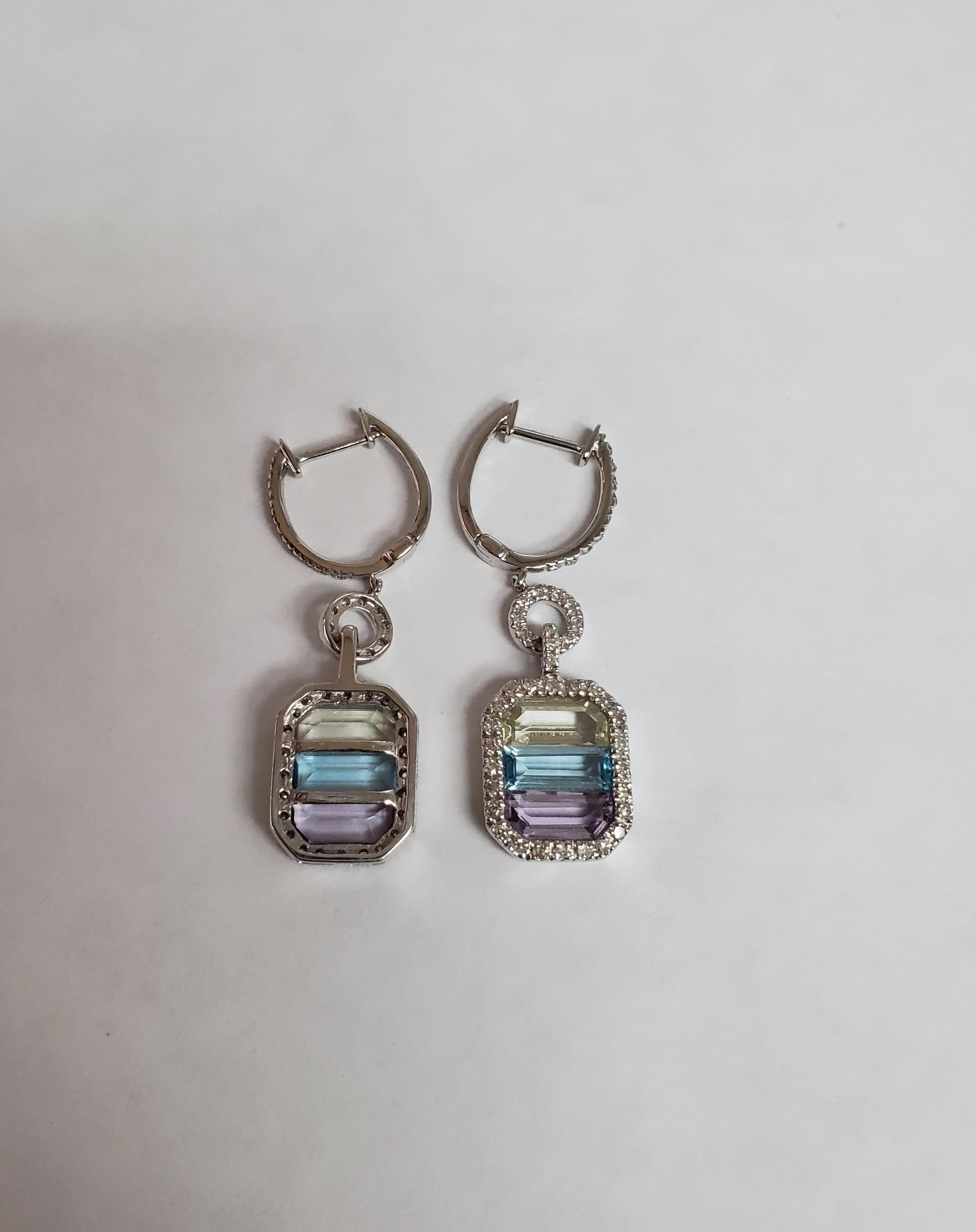 Orecchini a goccia in quarzo lavanda, ametista rosa e topazio blu con diamante In condizioni Nuovo in vendita a Sugar Land, TX