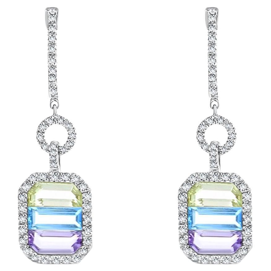 Lavender Quartz, Pink Amethyst & Blue Topaz Diamond Drop Earrings