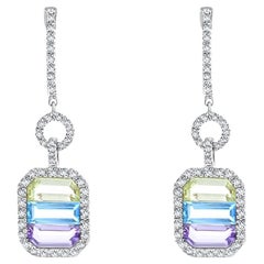 Lavender Quartz, Pink Amethyst & Blue Topaz Diamond Drop Earrings