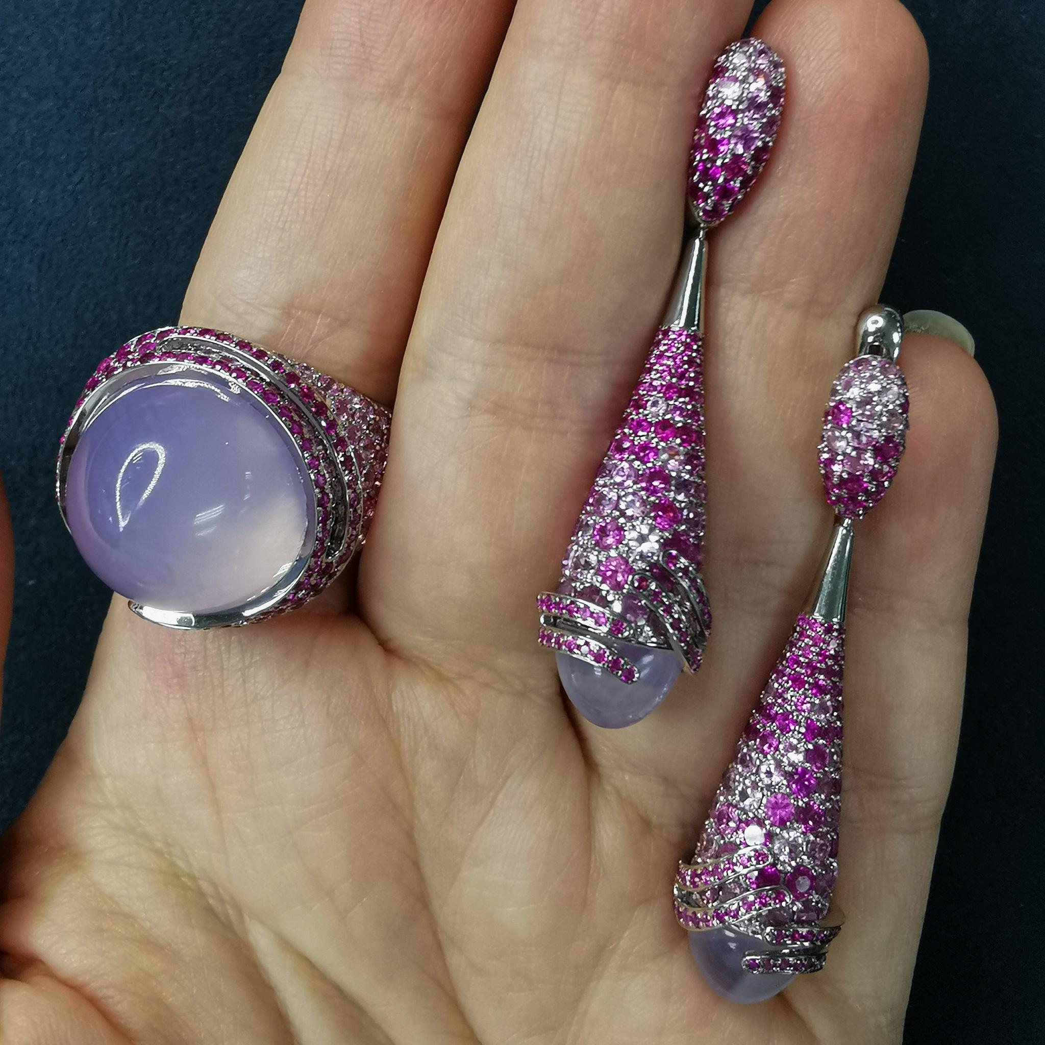 Lavender Quartz Pink Sapphires 18 Karat White Gold Fuji Suite
Series of these Rings and Earrings isn't called Fuji for nothing, since the inspiration for the creation of these products came to us exactly from the contemplation of this majestic