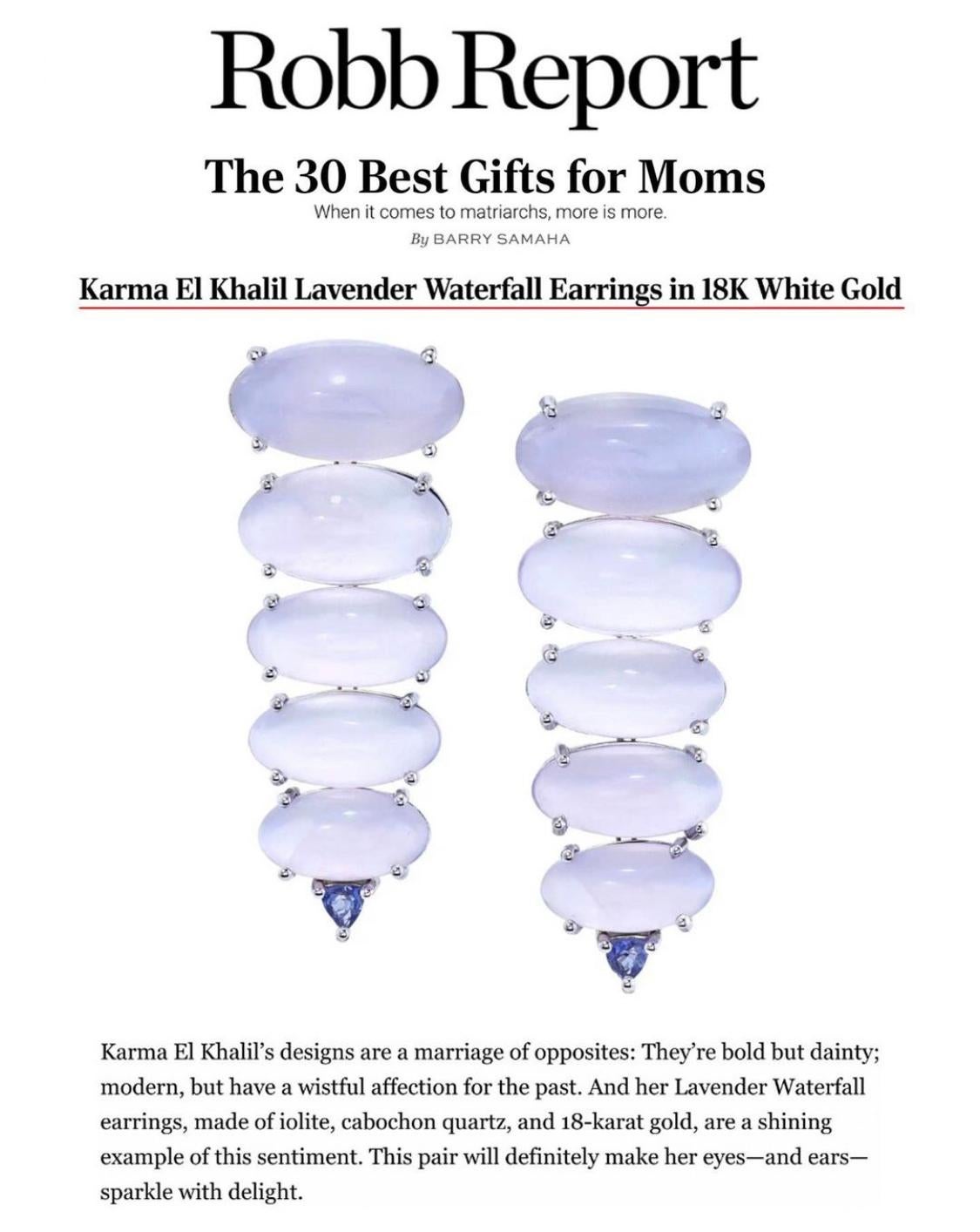 Ethereal Ombre Lavender Waterfall Earrings in 18k white gold, featuring ten graduating custom-cut cabochons of Lavender Quartz. Each earring displays five cabochons of lavender quartz gracefully decending in to a single trillion-cut blue-violet