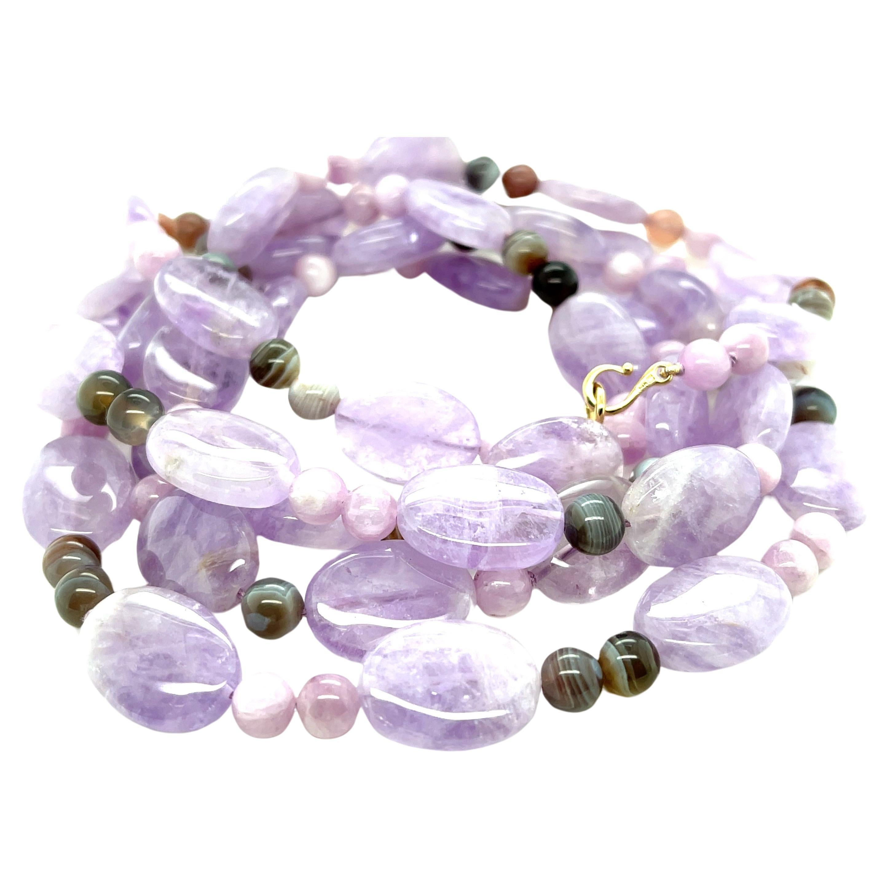 Artisan Lavender Rose de France Amethyst, Kunzite and Quartz Necklace with 14k Gold For Sale